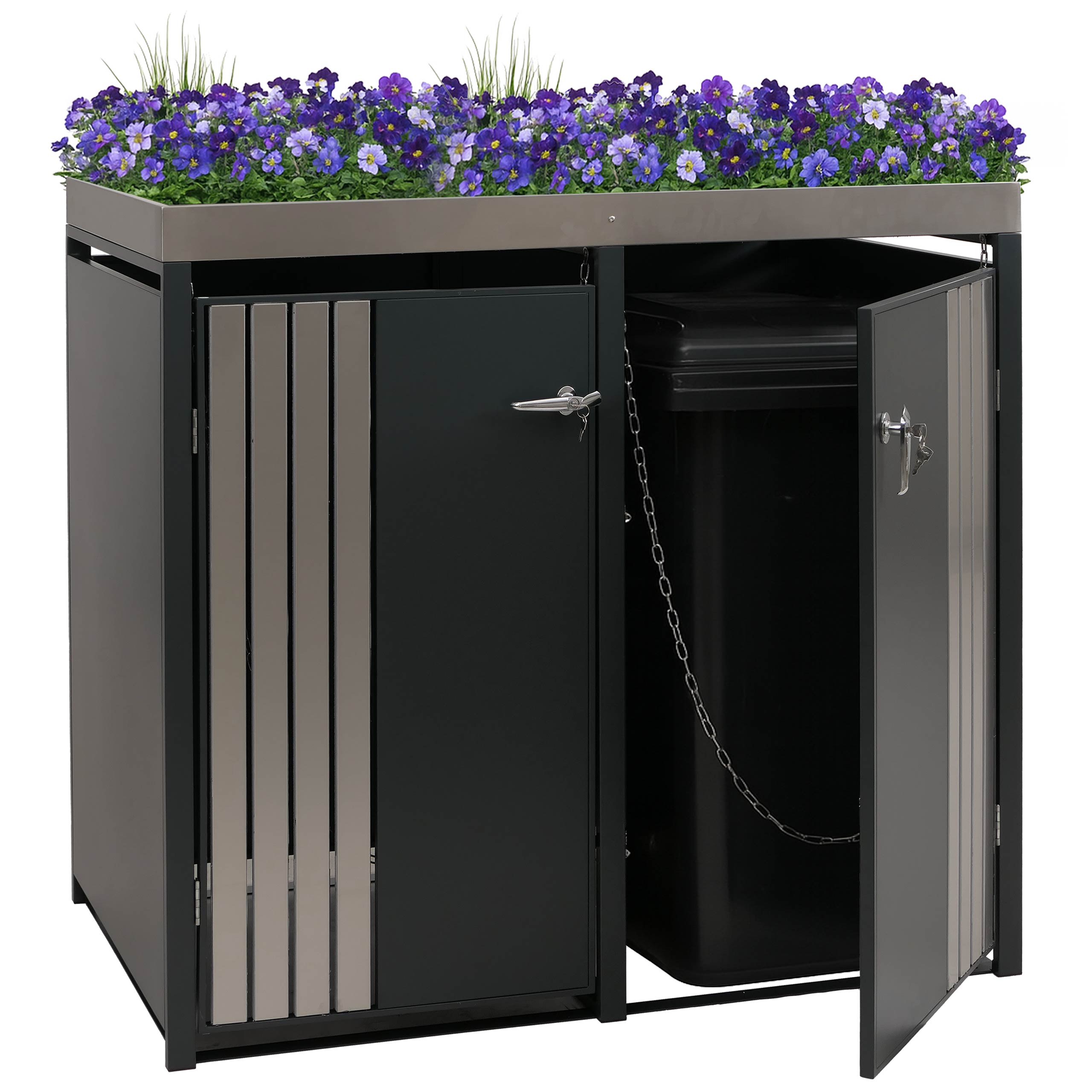 2er-M&uuml;lltonnenverkleidung MCW-O67, M&uuml;lltonnenbox mit Pflanzkasten, Metall 125x132x84cm 55kg ~ anthrazit Edelstahl 