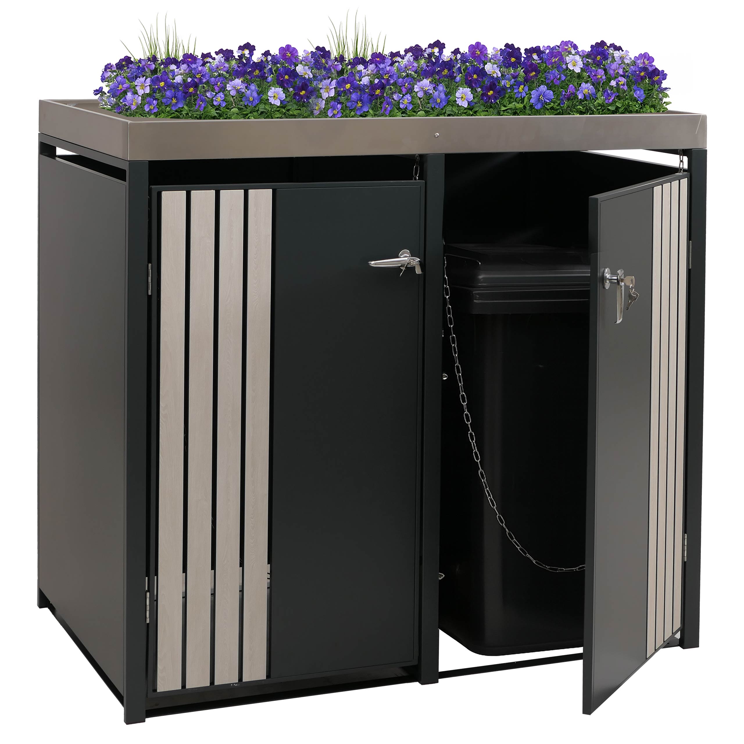 2er-M&uuml;lltonnenverkleidung MCW-O67, M&uuml;lltonnenbox mit Pflanzkasten, Metall 125x132x84cm 55kg ~ anthrazit Holzoptik hell 