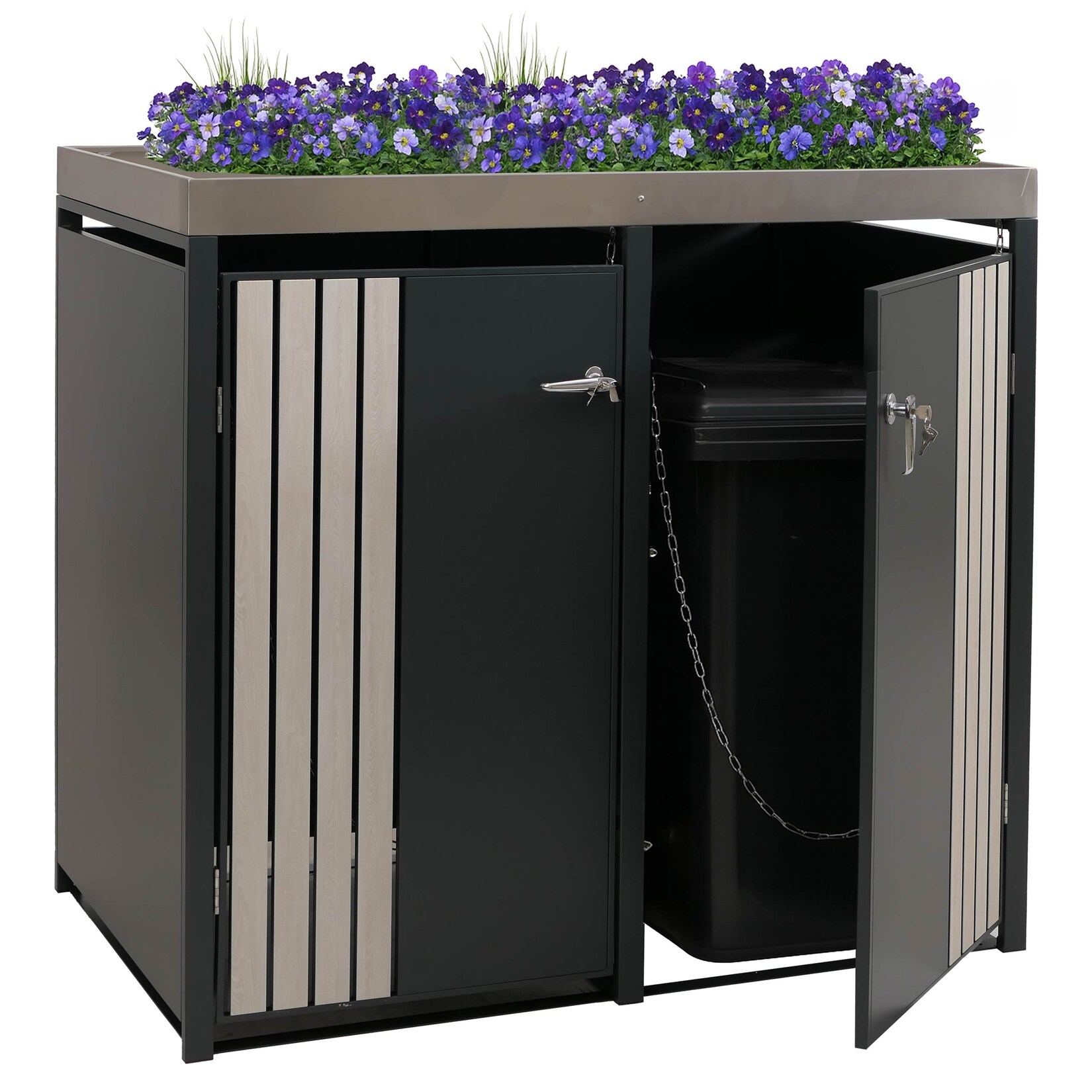 2er-Mülltonnenverkleidung -O67, Mülltonnenbox mit Pflanzkasten, Metall 125x132x84cm  ~ anthrazit Holzoptik hell