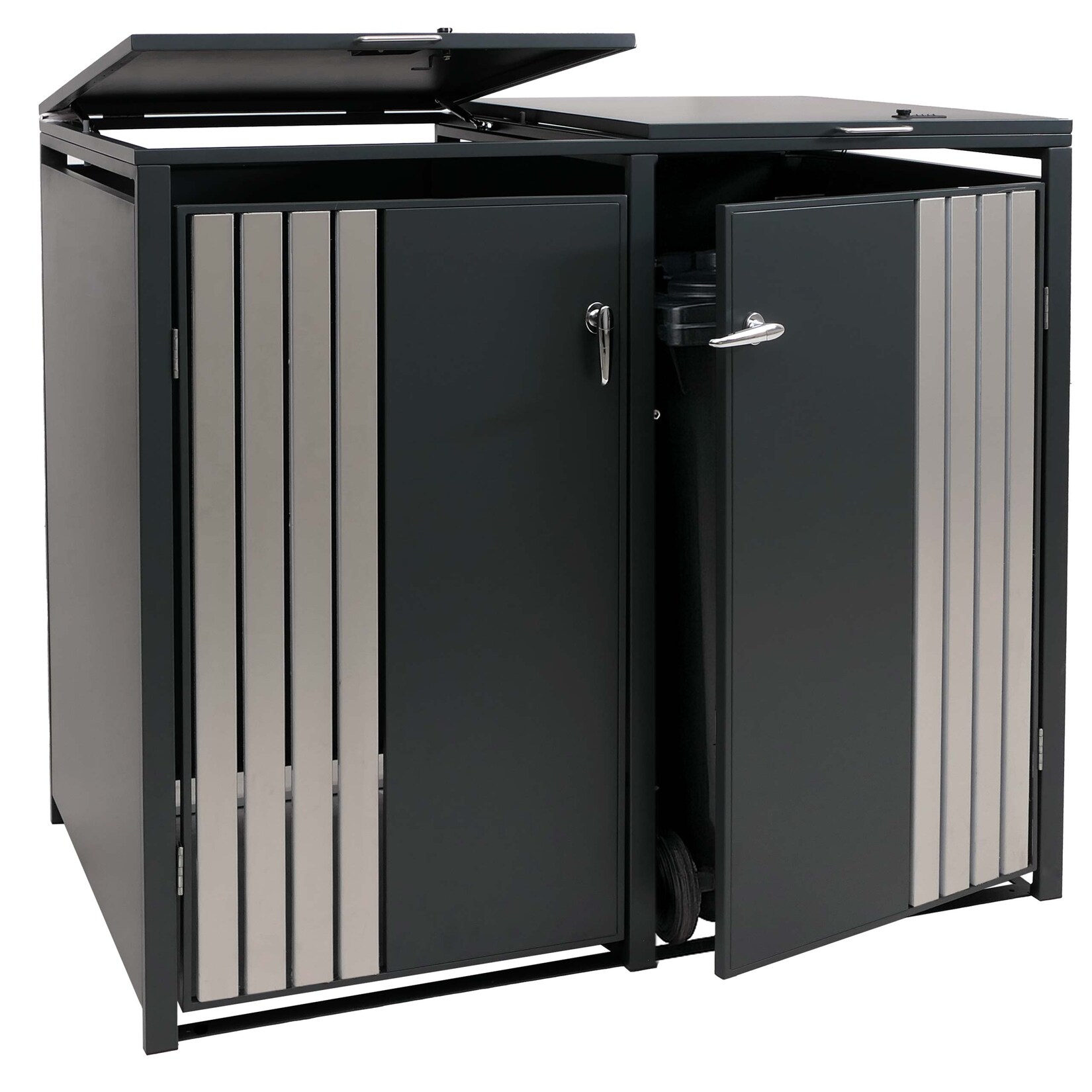 2er-Mülltonnenverkleidung -O67, Mülltonnenbox mit Deckel, Metall 122x132x84cm  ~ anthrazit Edelstahl