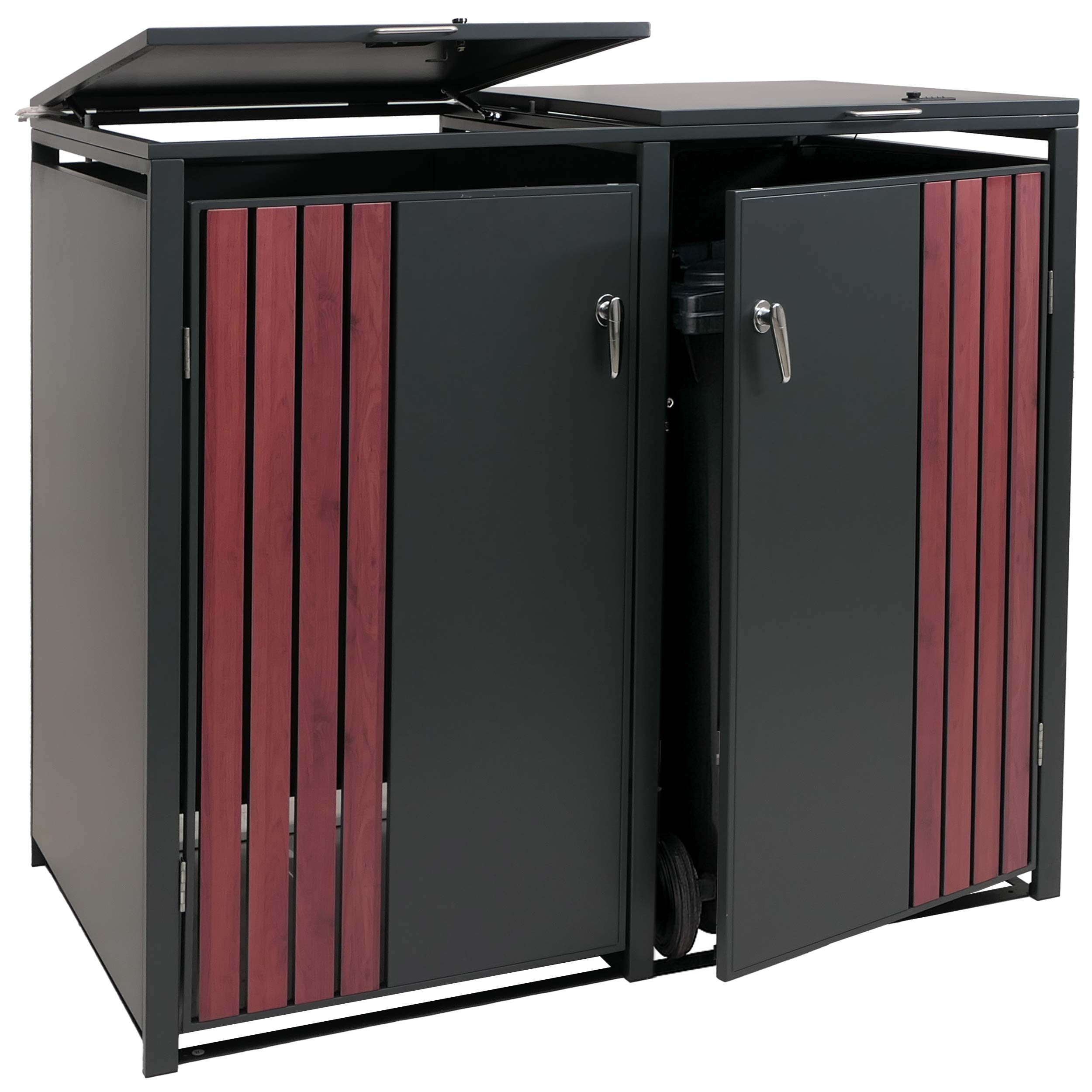2er-M&uuml;lltonnenverkleidung MCW-O67, M&uuml;lltonnenbox mit Deckel, Metall 122x132x84cm 53kg ~ anthrazit Holzoptik dunkel 