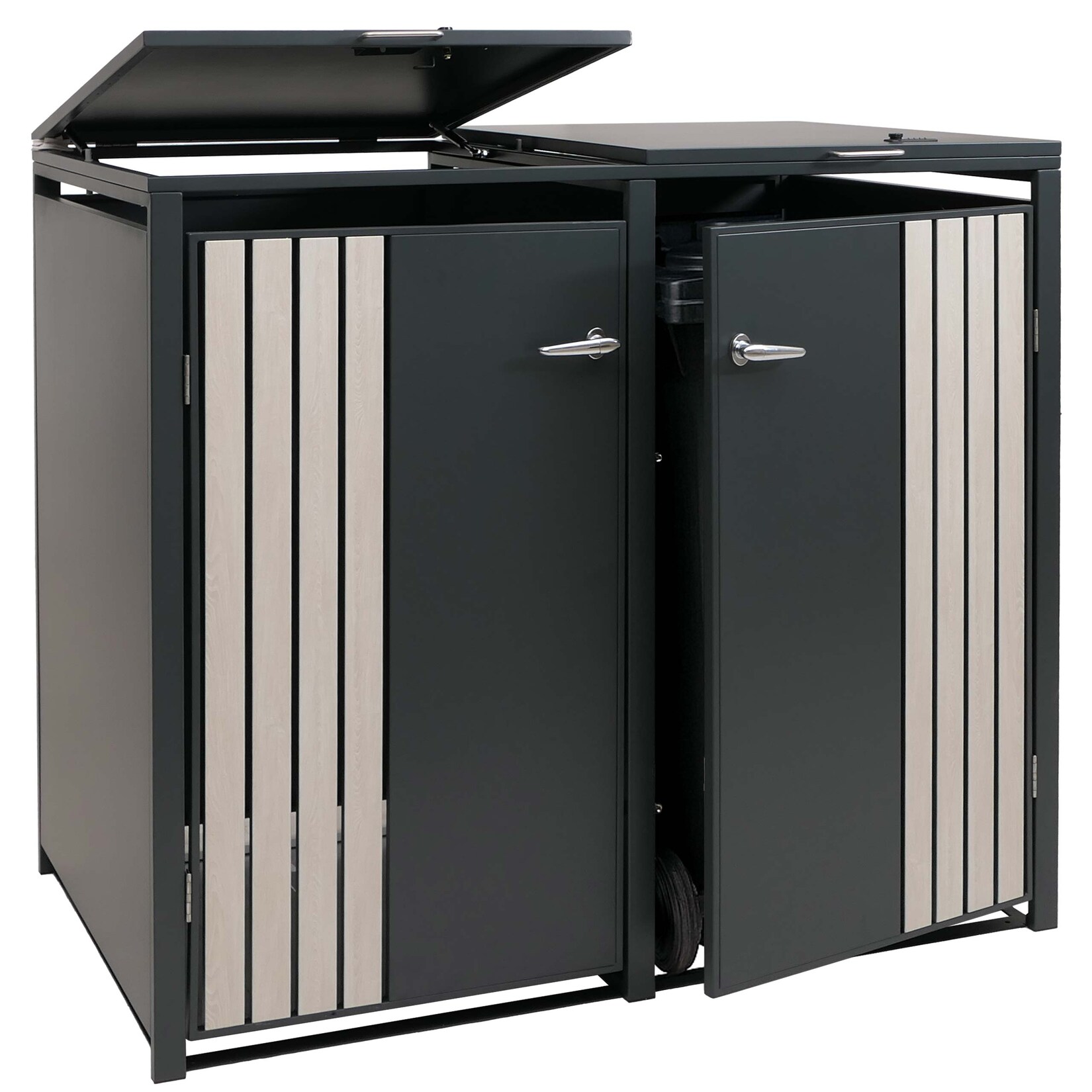2er-Mülltonnenverkleidung -O67, Mülltonnenbox mit Deckel, Metall 122x132x84cm  ~ anthrazit Holzoptik hell