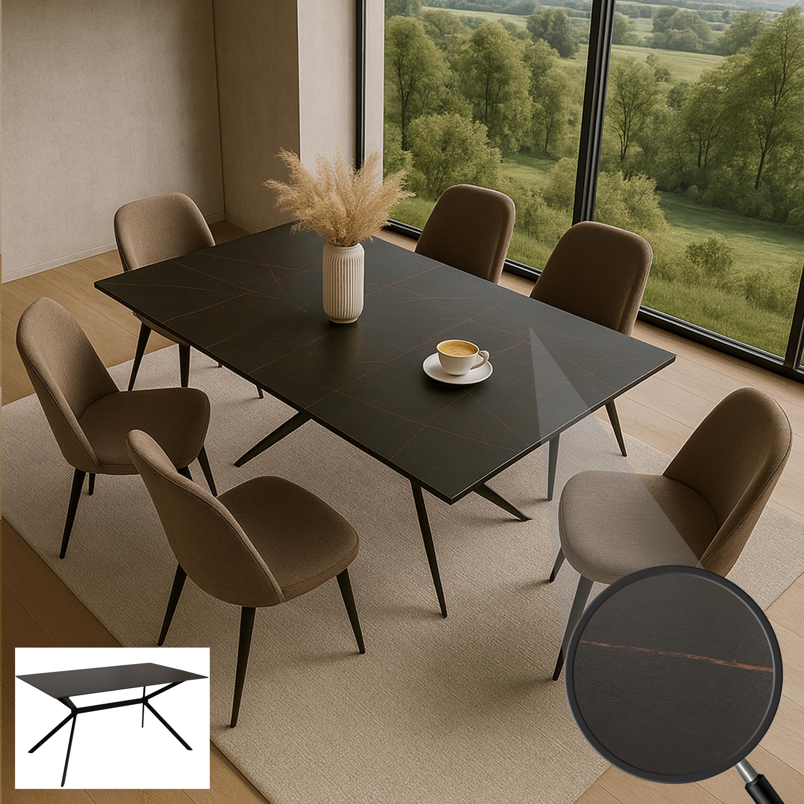 Esszimmertisch MCW-O58, Esstisch Sinterstein Metall, Marmor-Optik 160cm ~ schwarz-gold 