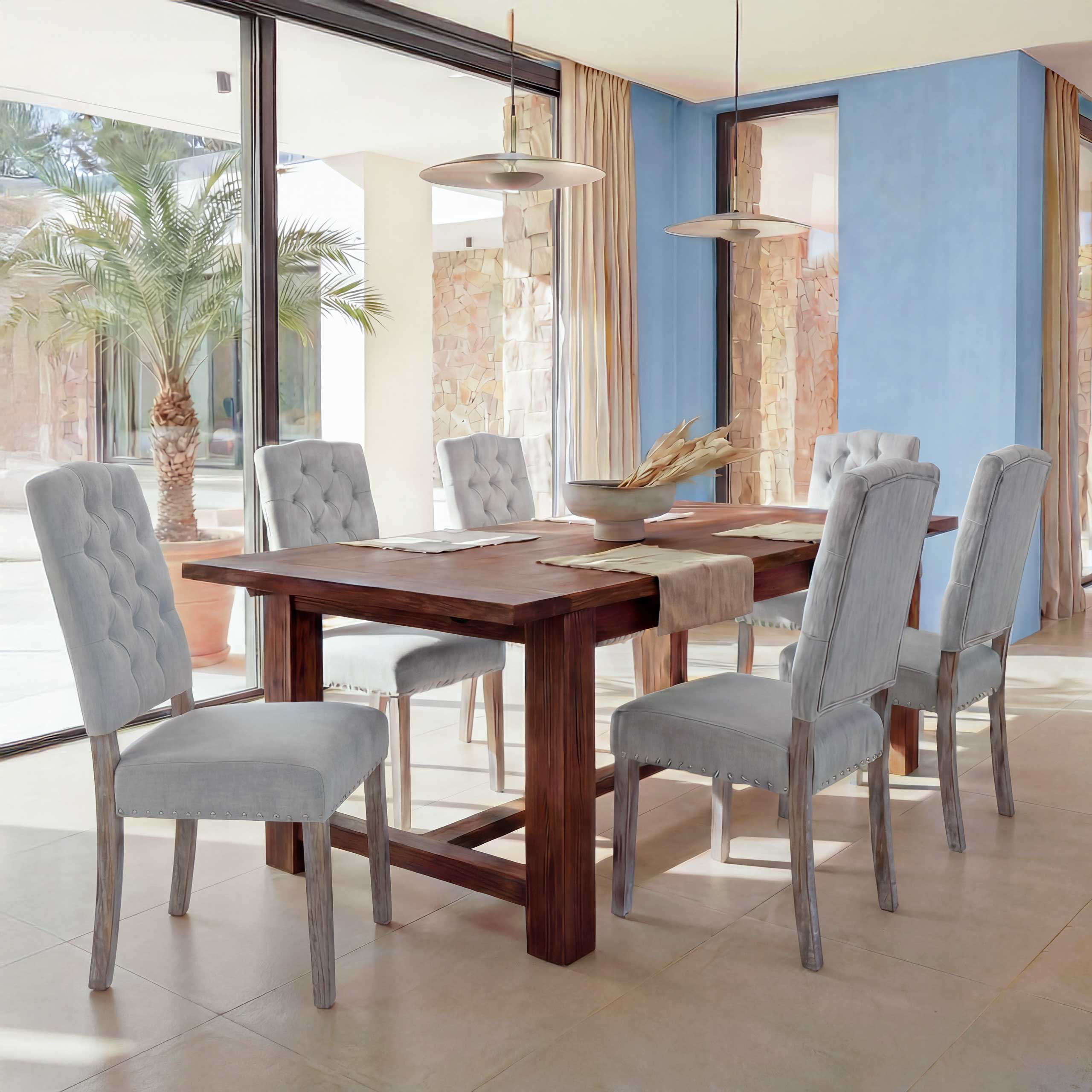 6er-Set Esszimmerstuhl MCW-O66b, K&uuml;chenstuhl Polsterstuhl, Chesterfield Nieten Stoff/Textil, hellgrau 