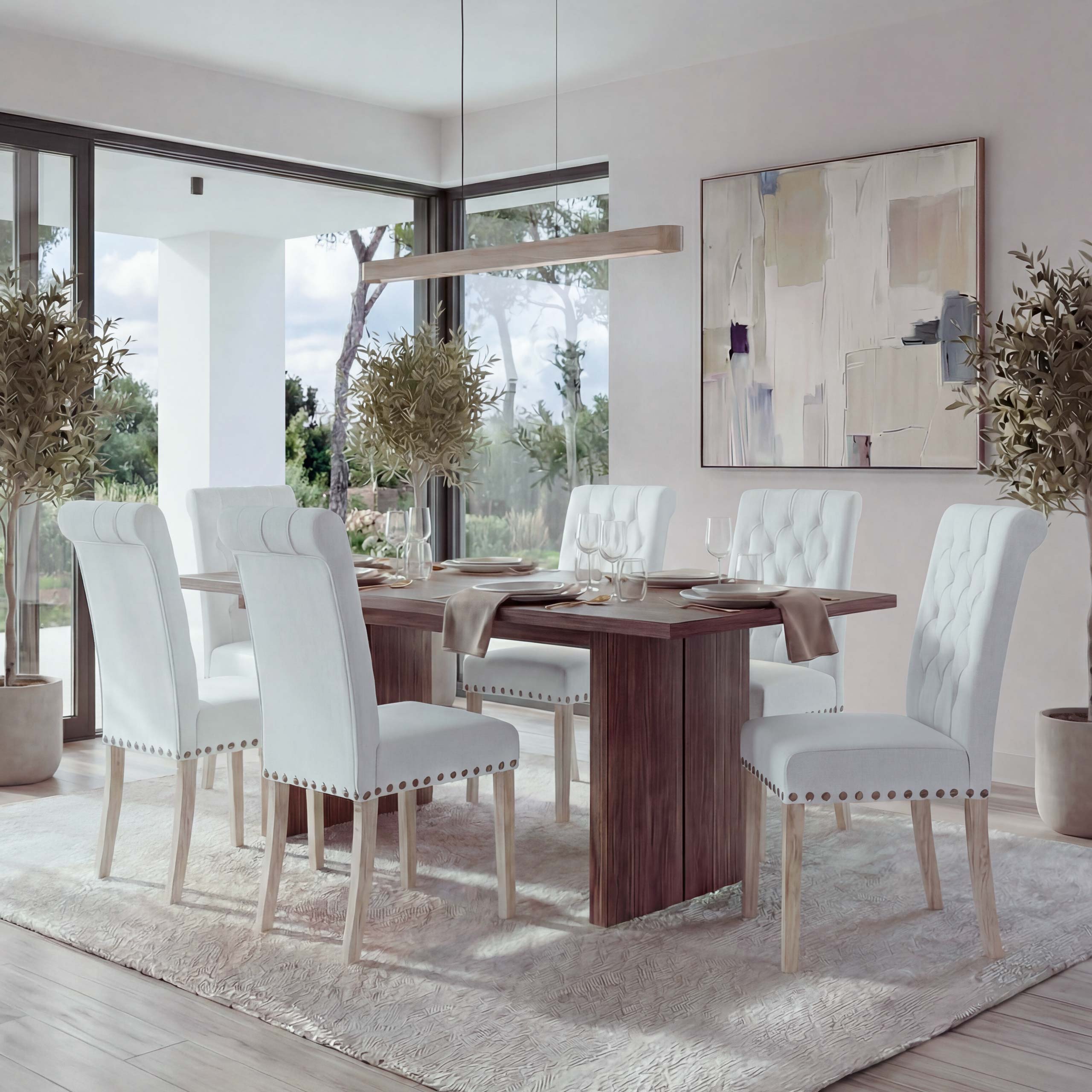 6er-Set Esszimmerstuhl MCW-O66, K&uuml;chenstuhl Polsterstuhl, Chesterfield Nieten Stoff/Textil ~ wei&szlig; 