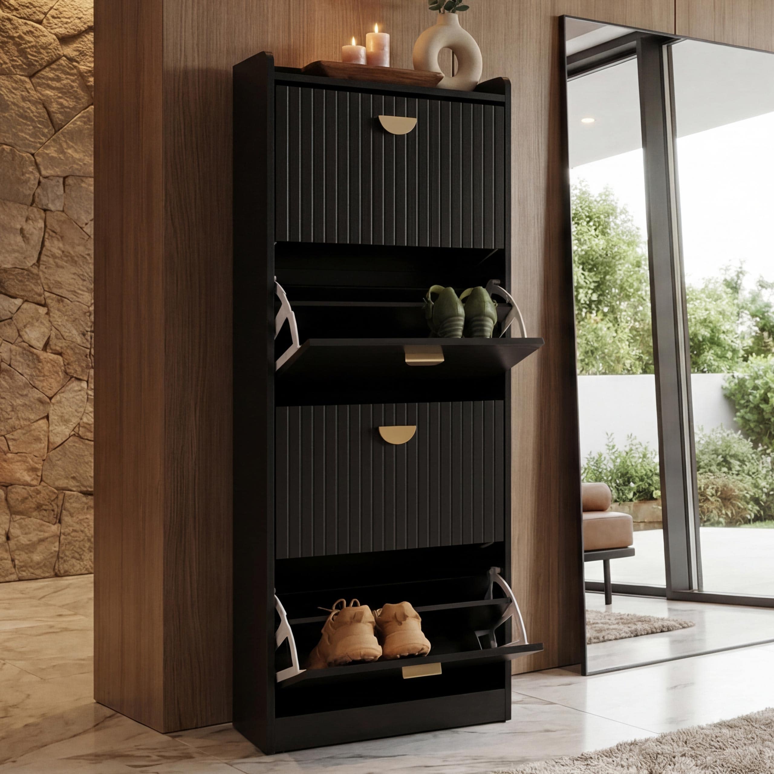 Schuhschrank MCW-O39, Schuhkipper Schuhregal 4 Klappen Klappf&auml;cher MDF Melamin Metall 148x50x24cm ~ Holzoptik schwarz 