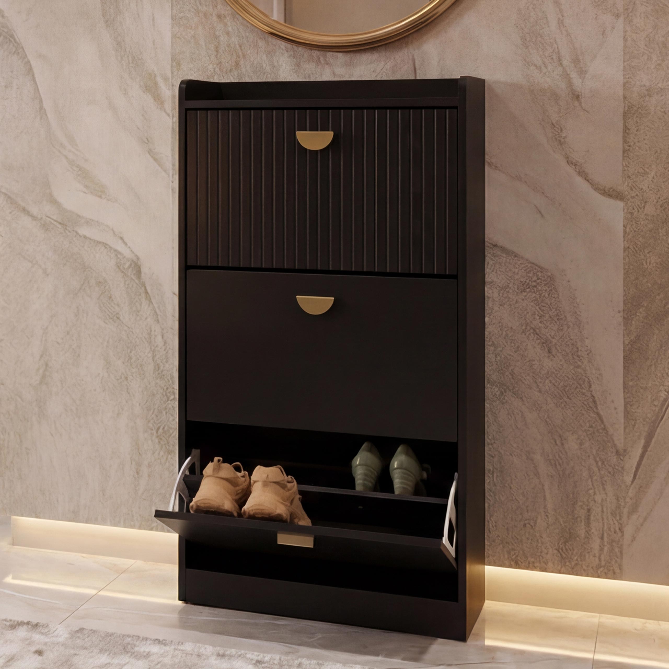 Schuhschrank MCW-O39, Schuhkipper Schuhregal 3 Klappen Klappf&auml;cher MDF Melamin Metall 117x60x24cm ~ Holzoptik schwarz 