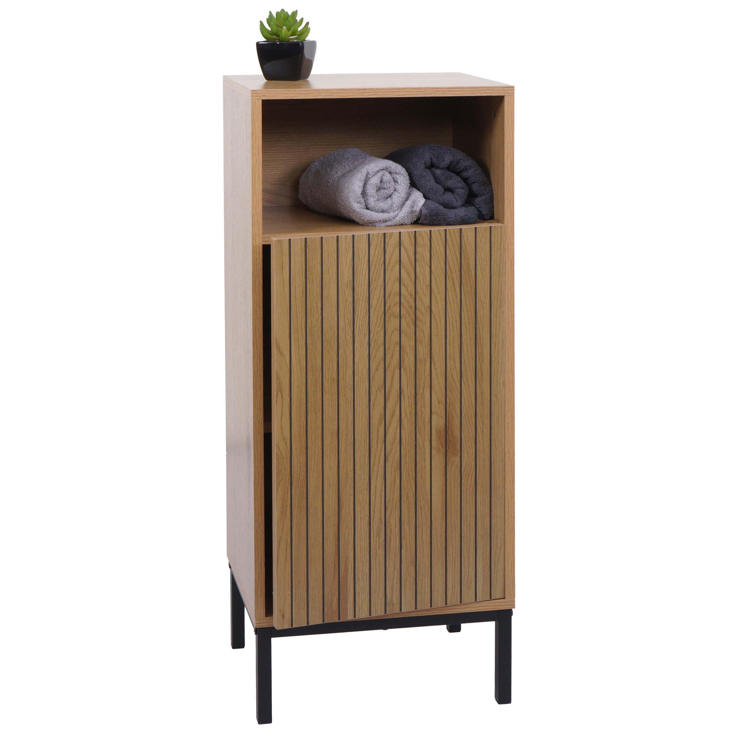 Kommode MCW-O42, Badezimmerkommode Badschrank Schrank mit 1 T&uuml;r, 3 Stauf&auml;cher, MDF Melamin 98x39x30cm ~ Holzoptik natur 