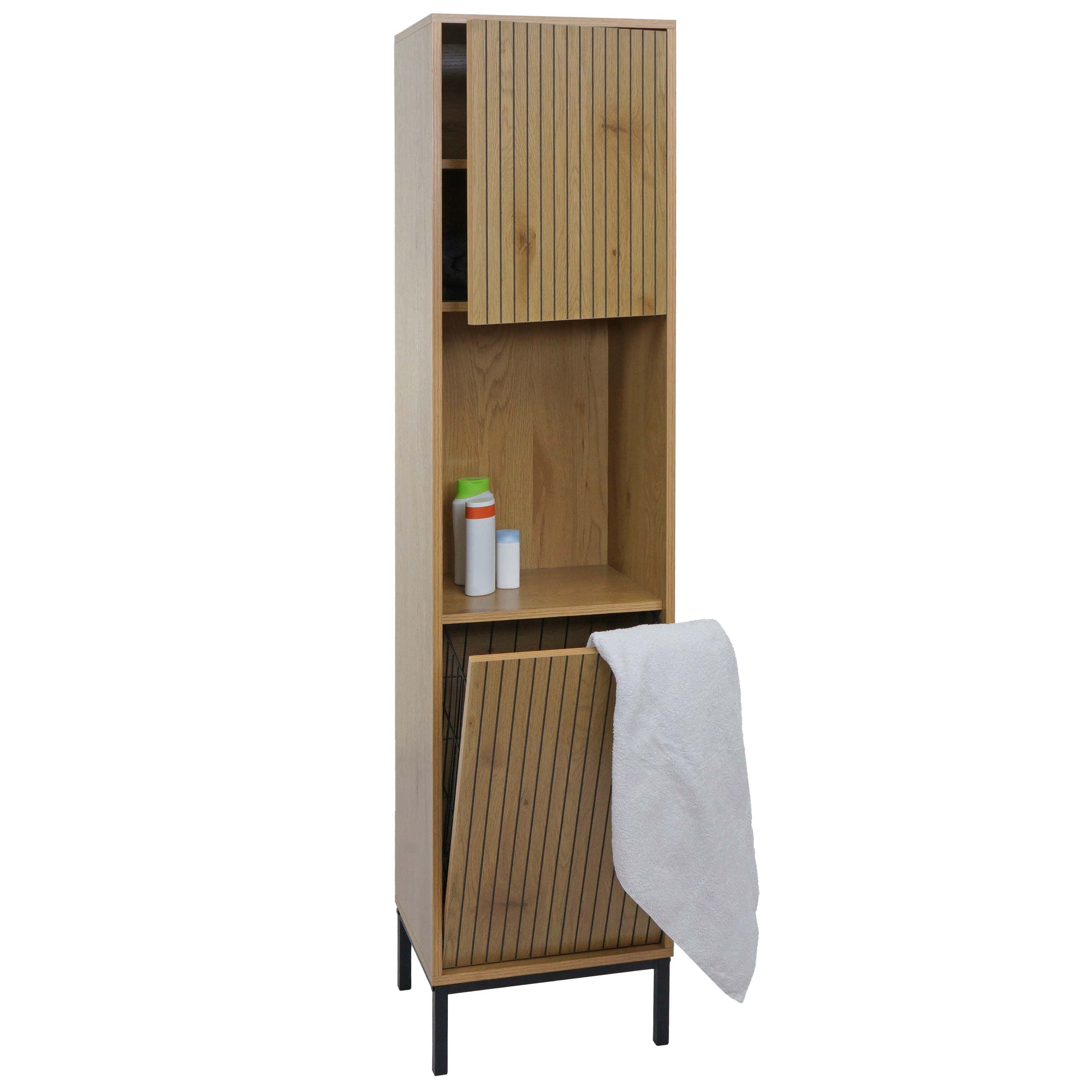 Hochschrank MCW-O42, Badschrank Badregal Badezimmer Schrankf&auml;cher W&auml;schekorb, MDF Melamin 174x39x30cm ~ Holzoptik natur 