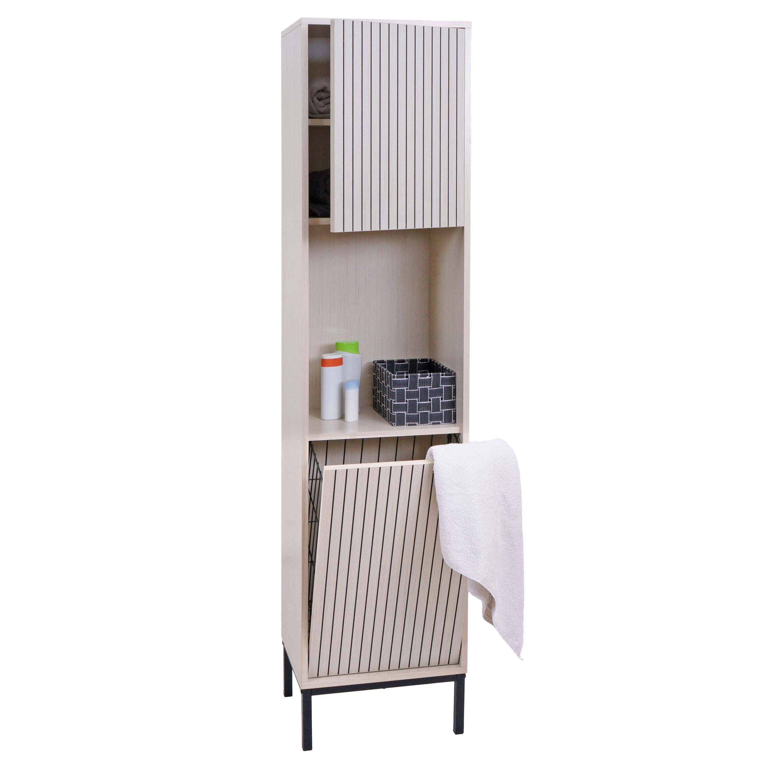 Hochschrank MCW-O42, Badschrank Badregal Badezimmer Schrankf&auml;cher W&auml;schekorb, MDF Melamin 174x39x30cm ~ Holzoptik beige 