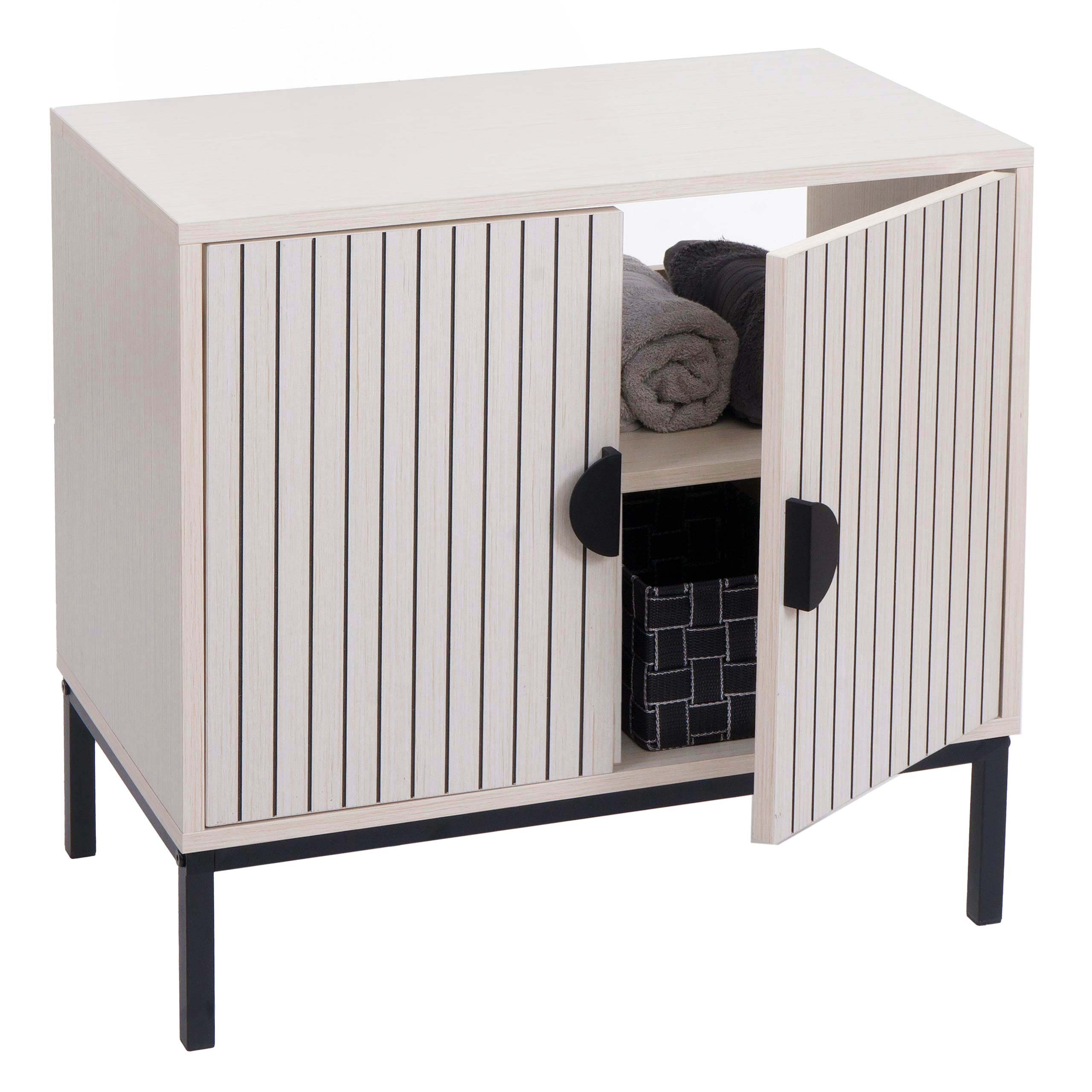 Waschbeckenunterschrank MCW-O42, Schrank Badezimmer Badschrank mit 2 T&uuml;ren, MDF Melamin 62x63x35cm ~ Holzoptik beige 