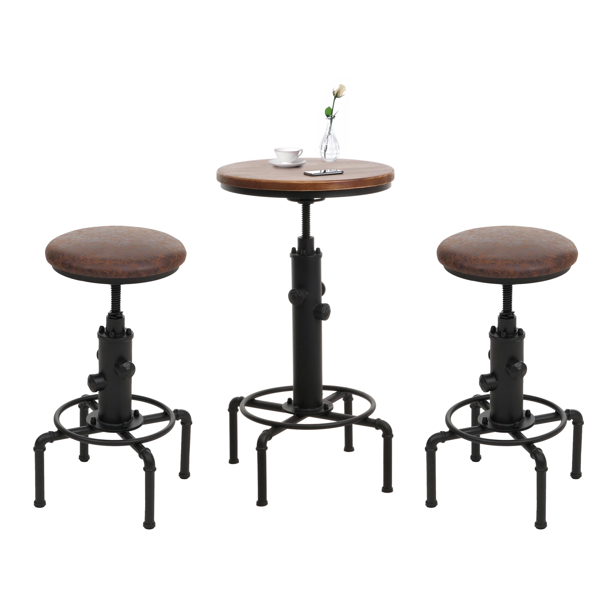 Set Bartisch + 2x Barhocker MCW-N23, Stehtisch h&ouml;henverstellbar drehbar Industrial Eisen Holz Kunstleder ~ braun-schwarz 