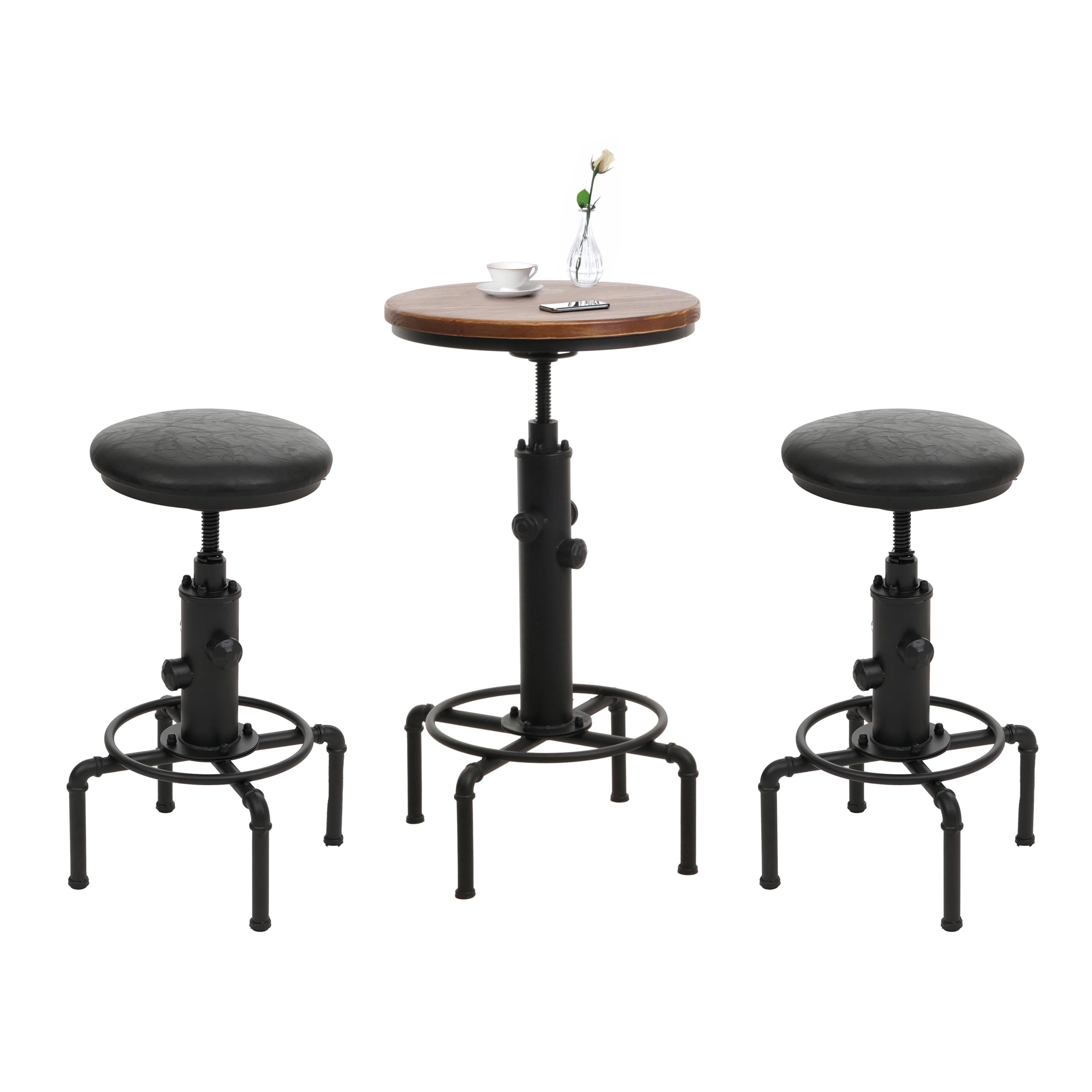 Set Bartisch + 2x Barhocker MCW-N23, Stehtisch h&ouml;henverstellbar drehbar Industrial Eisen Holz Kunstleder ~ schwarz 