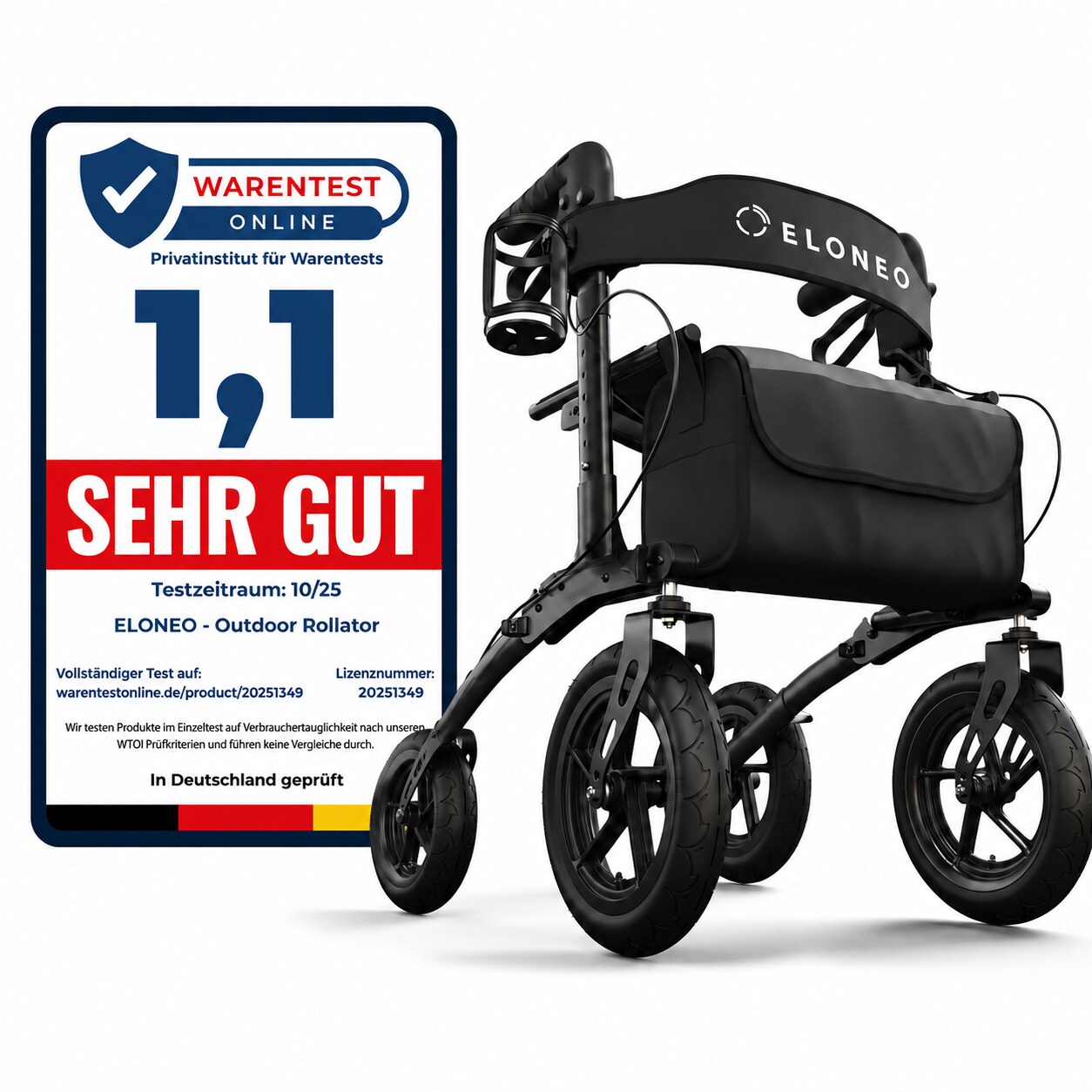 ELONEO Rollator faltbar und leicht mit Sitz, Outdoor Rollator mit Luftbereifung inkl. Sitzfläche, Rückengurt, höhenverstellbare Gehhilfe aus Aluminium inkl. Tasche und Stockhalter Schwarz