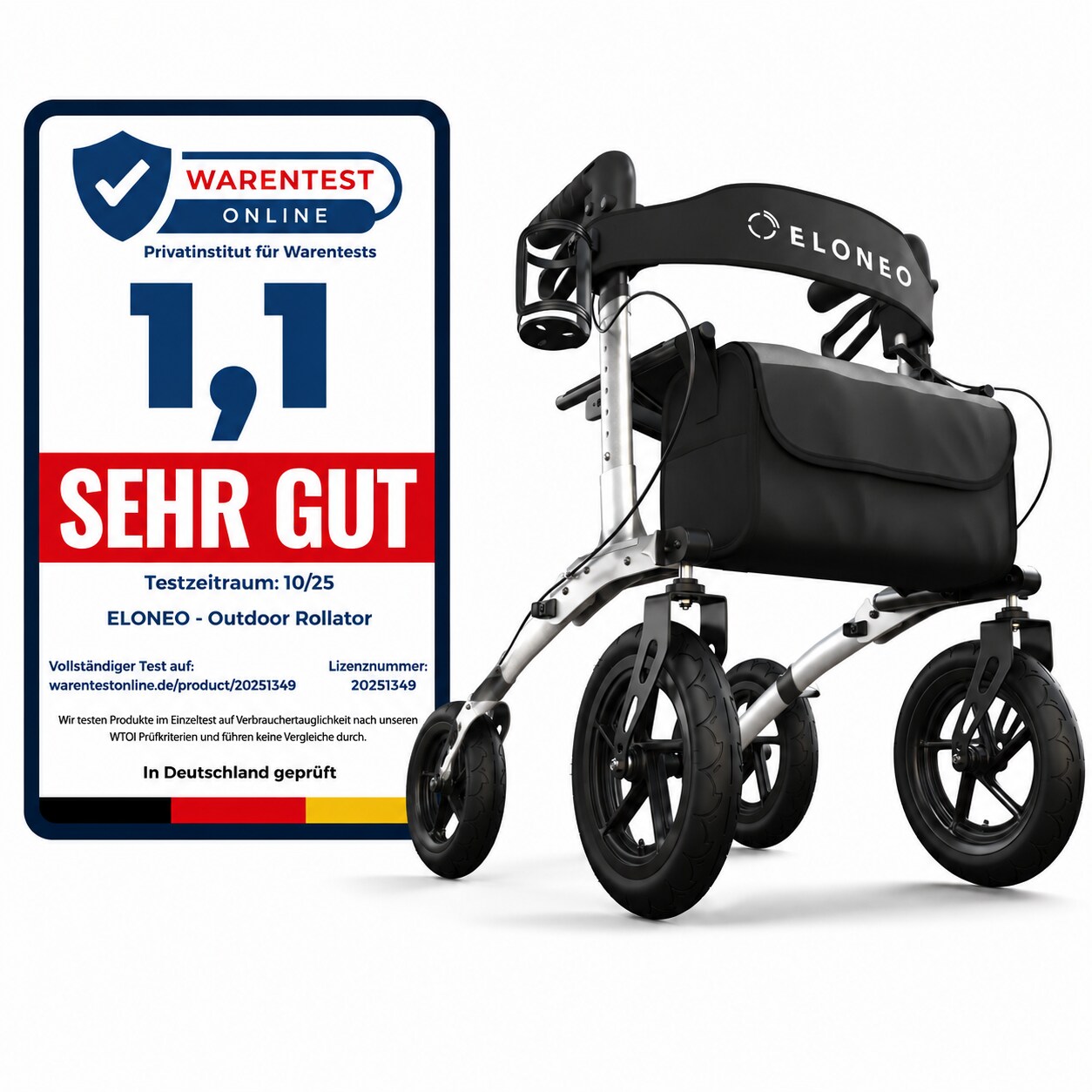 ELONEO Rollator faltbar und leicht mit Sitz, Outdoor Rollator mit Luftbereifung inkl. Sitzfläche, Rückengurt, höhenverstellbare Gehhilfe aus Aluminium inkl. Tasche und Stockhalter Silber
