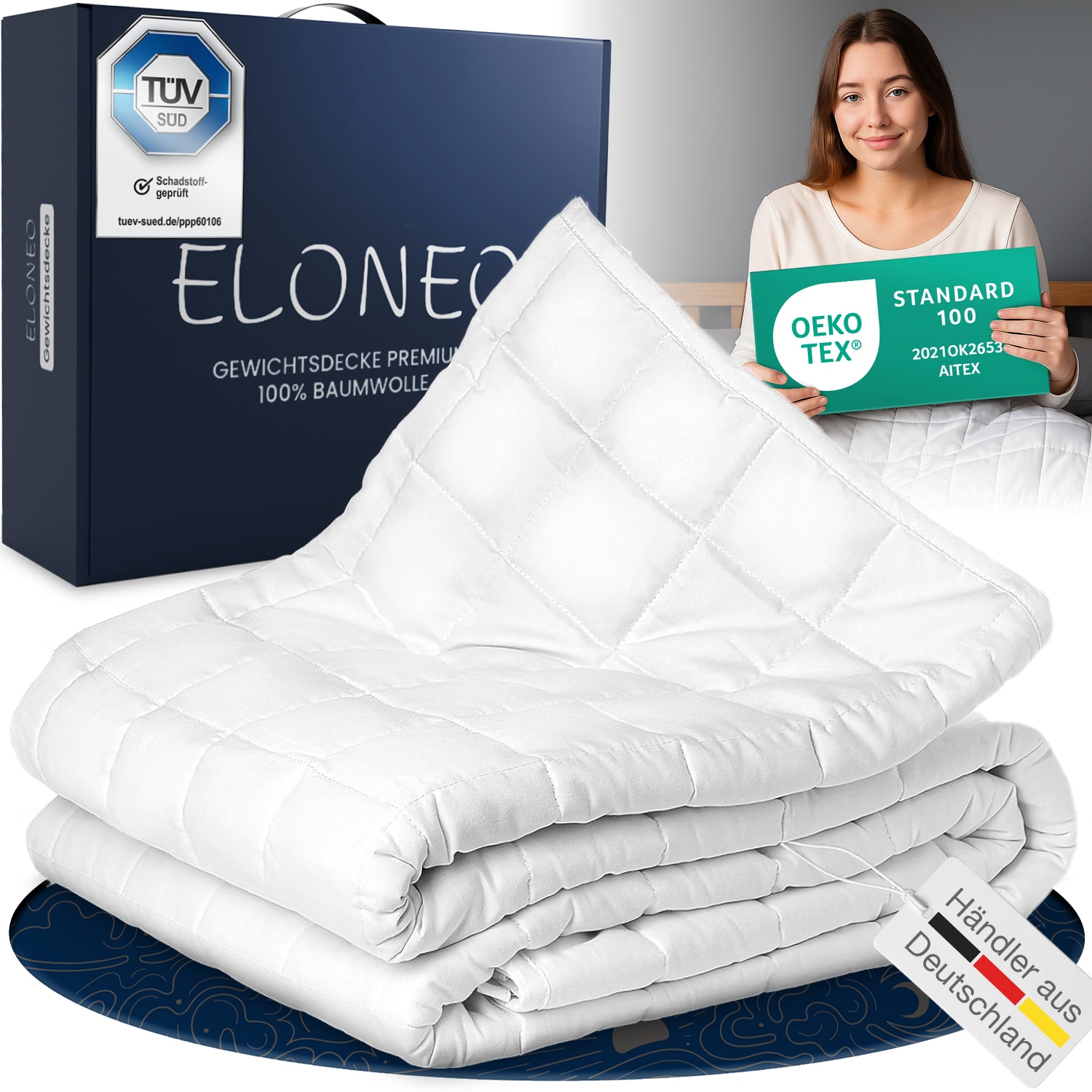 ELONEO NEU Gewichtsdecke 135x200 cm mit 7 kg, T&Uuml;V und Oeko-Tex Zertifiziert, Weighted Blanket aus 100% Baumwolle, Entspannungsdecke & Anti-Stress Therapiedecke, schwere Decke zum Schlafen 