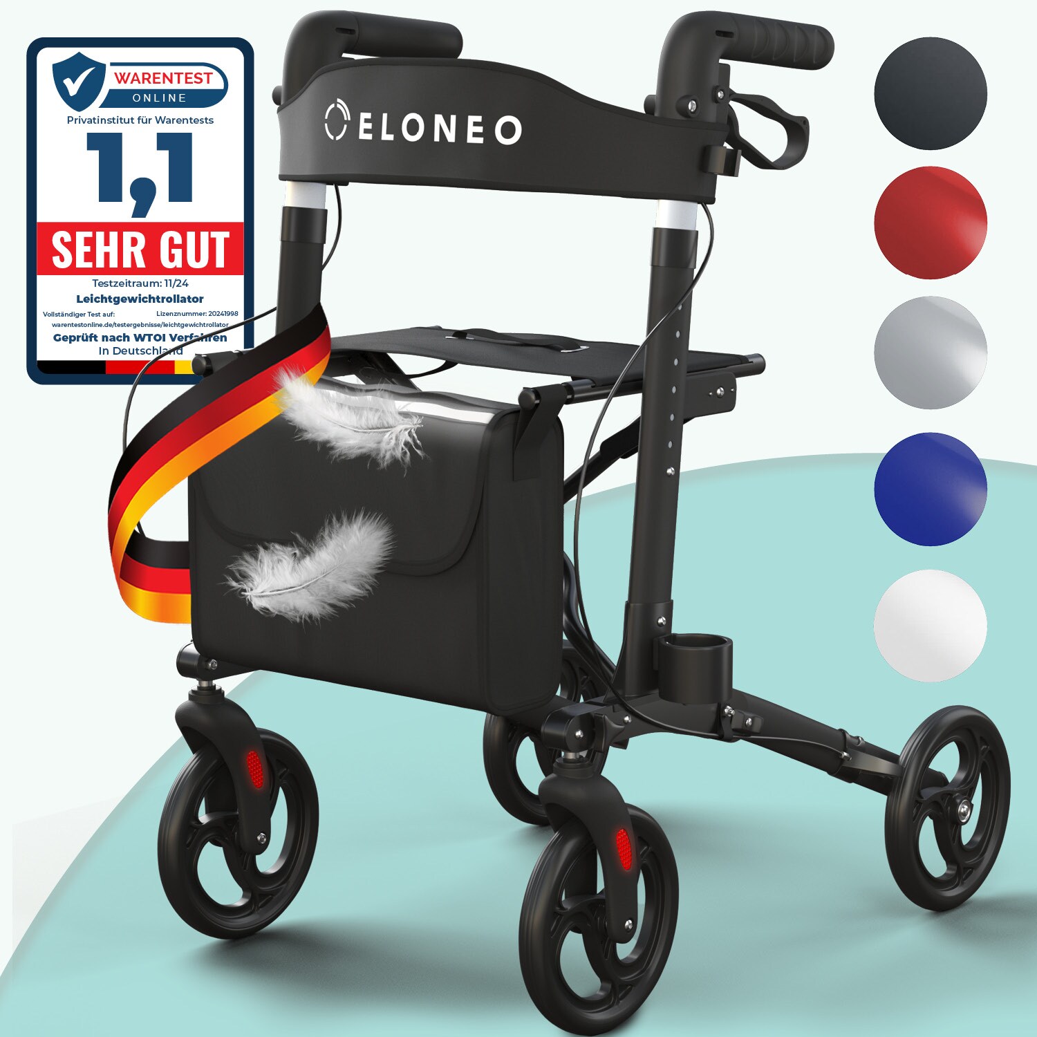 ELONEO Rollator faltbar und leicht mit Sitz, Leichtgewicht-Reiserollator aus Aluminium, Gehhilfe 8-fach h&ouml;henverstellbar, Laufhilfe 3-fach faltbar f&uuml;r Kofferraum, Tasche & Schirmhalter Schwarz 