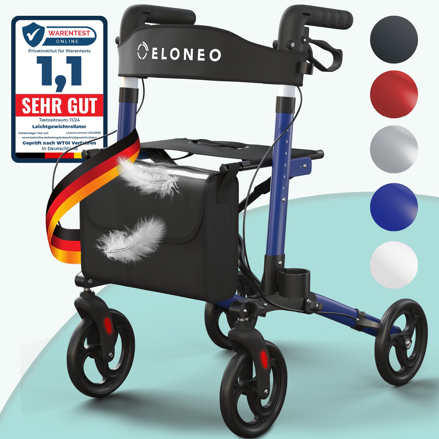 ELONEO Rollator faltbar und leicht mit Sitz, Leichtgewicht-Reiserollator aus Aluminium, Gehhilfe 8-fach h&ouml;henverstellbar, Laufhilfe 3-fach faltbar f&uuml;r Kofferraum, Tasche & Schirmhalter Blau 