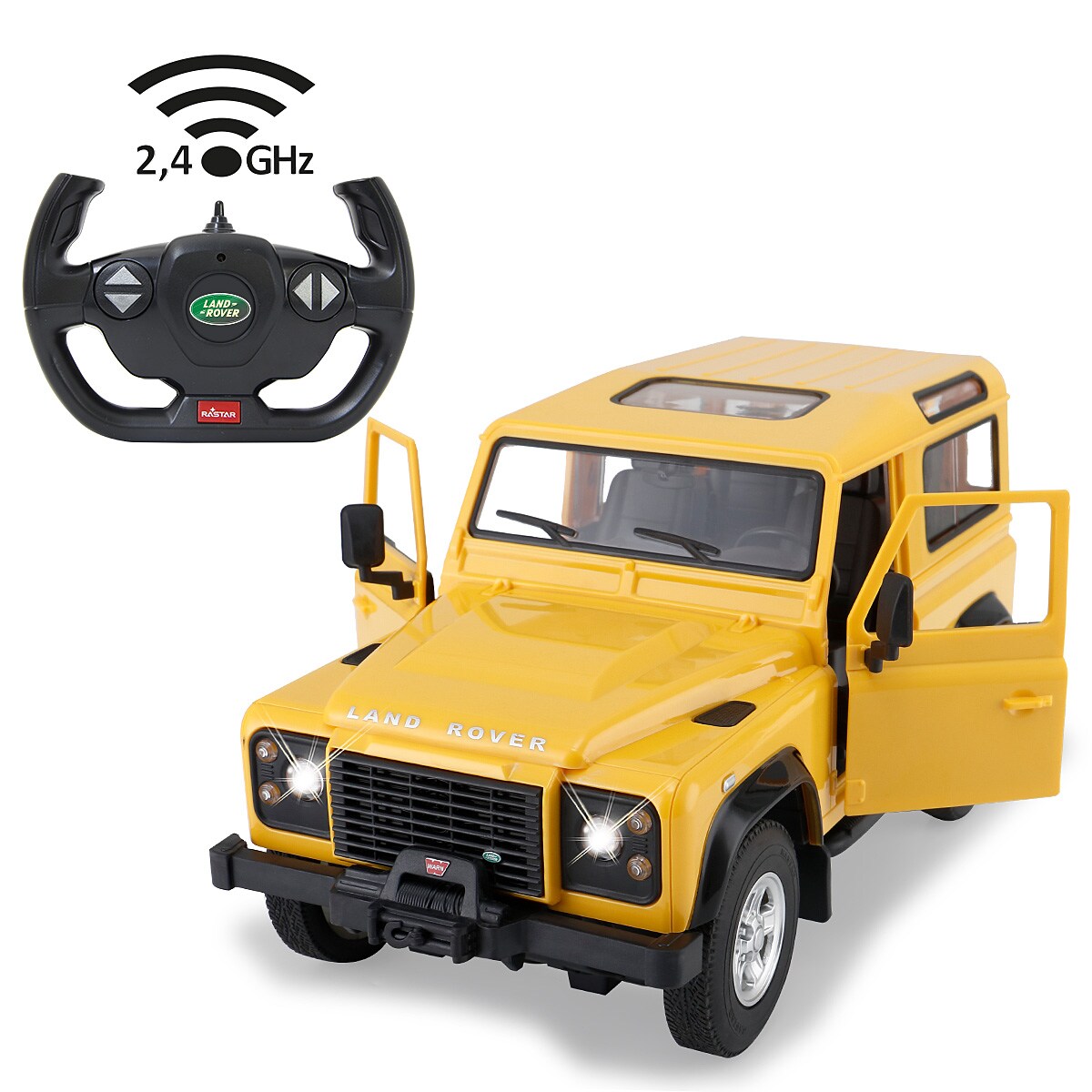 JAMARA Land Rover Defender 1:14 gelb 2,4GHz T&uuml;r manuell 
