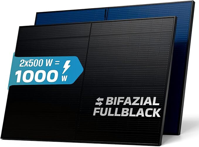 ® Solarmodul 2x 500 W FULL BLACK Bifazial Glas/Glas PV Modul Solarpanel - PMax 1000W (2x500W) Bifacial N-Type, für Balkonkraftwerk oder PV Solar Anlage