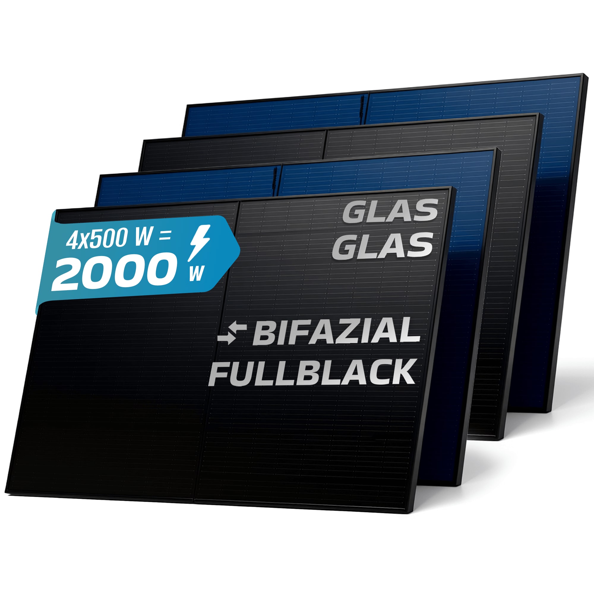 SUNNIVA&reg; Solarmodul 4x 500 W FULL BLACK Bifazial Glas/Glas PV Modul Solarpanel - PMax 2000W (4x500W) Bifacial N-Type, f&uuml;r Balkonkraftwerk oder PV Solar Anlage 