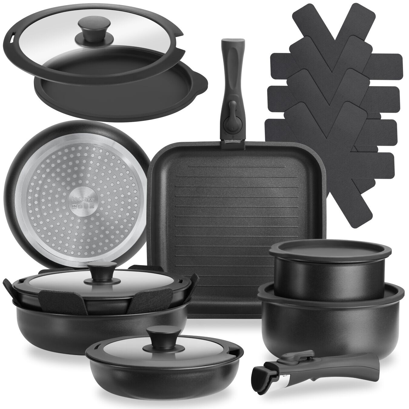 tectake® Kochtopfset, 17-teilig, für Induktion geeignet, inklusive 2 Glasdeckeln mit Dampfabzug und 2 Silikonabdeckungen, Ofenfest bis 175°C, mit 5 Topfschonern