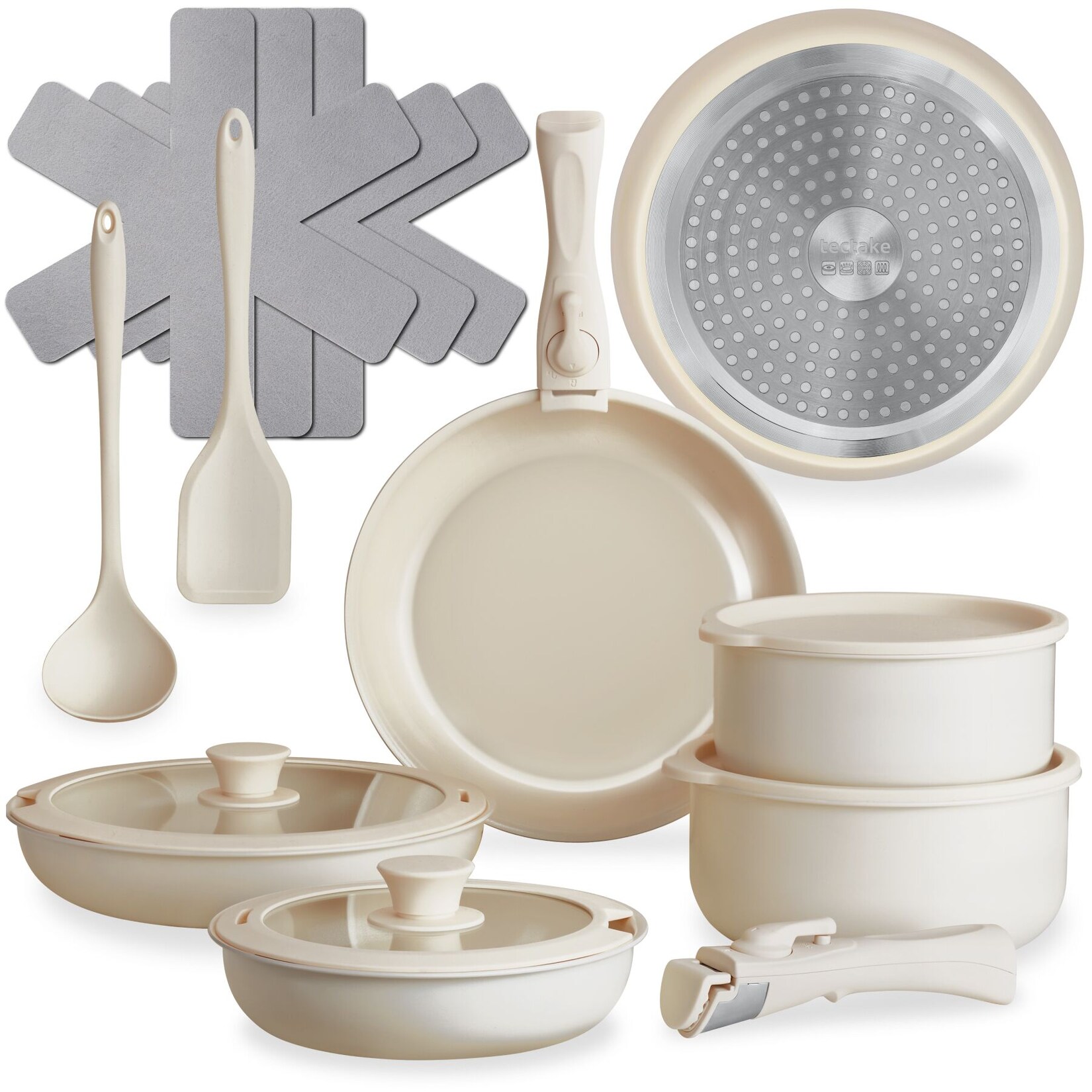 tectake® Kochtopfset, 16-teilig, für Induktion geeignet, inklusive 2 Glasdeckeln mit Dampfabzug und 2 Silikonabdeckungen, 2 Küchenwerkzeuge und 3 Topfschoner aus Filz