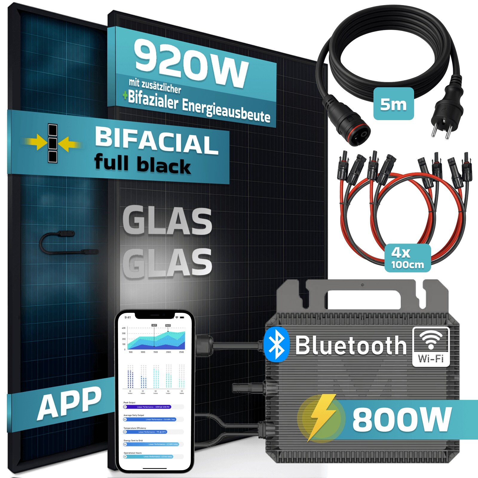 ® 920W Balkonkraftwerk BIFAZIAL FULLBLACK komplett Steckdose MARSTEK 800 Watt Wechselrichter, PV Solaranlage Komplettset, 2x460W N-Type Glas-Glas Bifacial Solarmodule, 5m Kabel, 4x1m Solarkabel