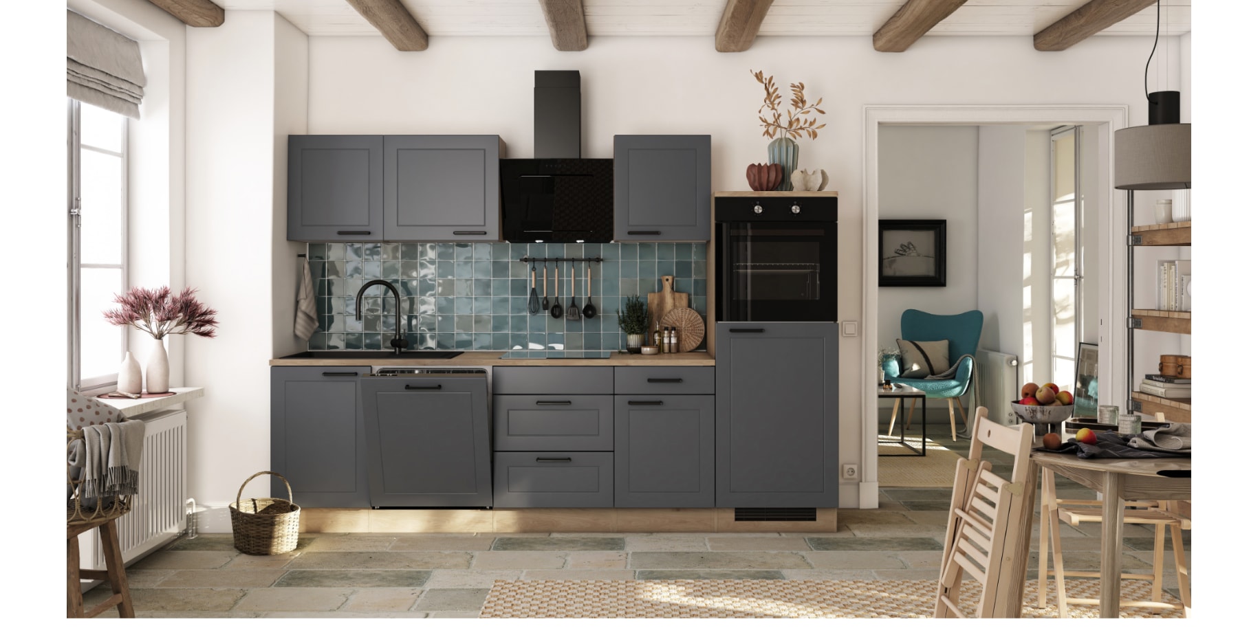 Flex-Well Landhaus_K&uuml;chenzeile inkl. Elektroger&auml;te 280 cm - G-280-2327-000-ROMEO 