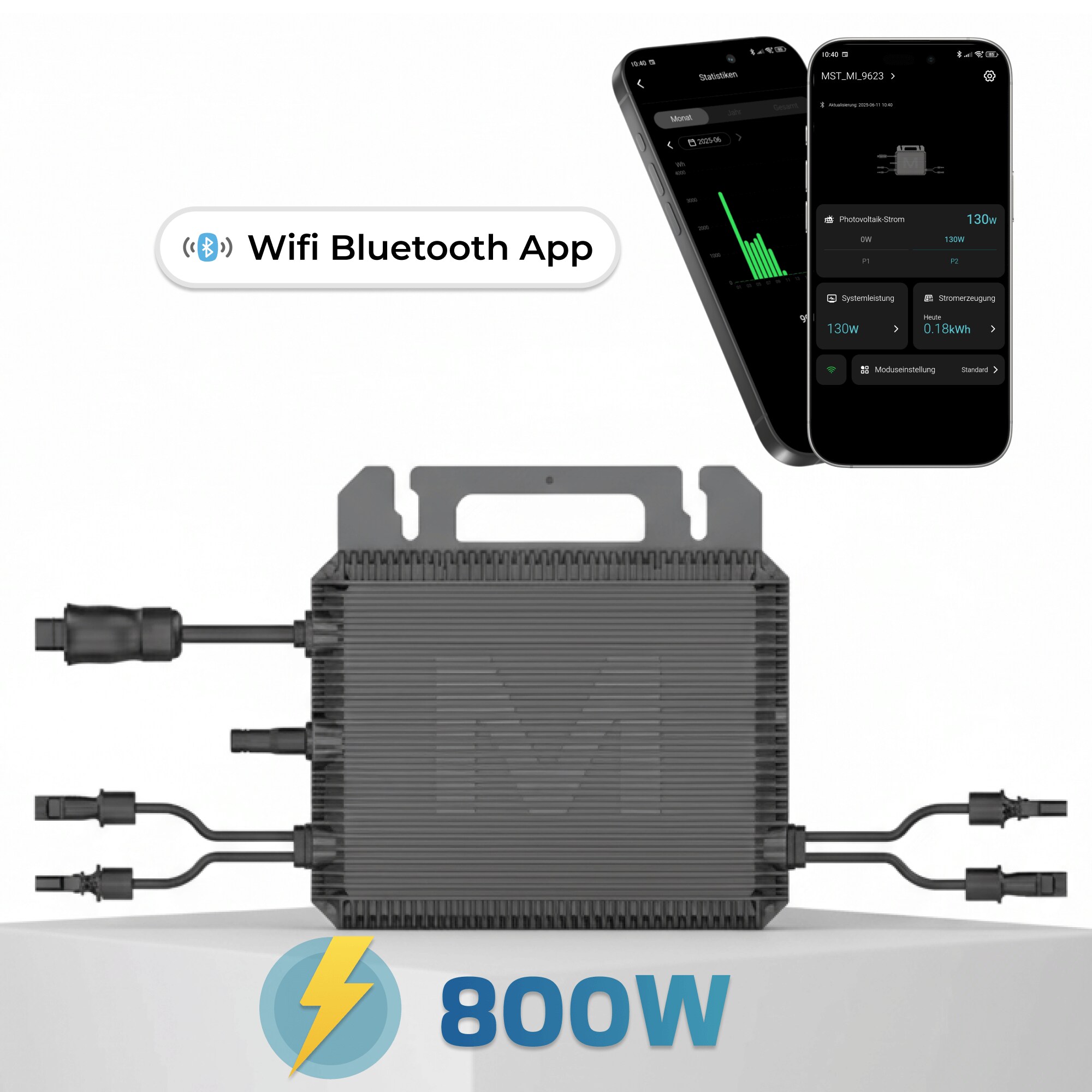 MARSTEK Mikro-Wechselrichter 800 W MST-MI0800 f&uuml;r Balkonkraftwerk, IP67 wetterfest, Plug-&-Play Installation, 2 MPPT, Bluetooth & WIFI, Micro Inverter 