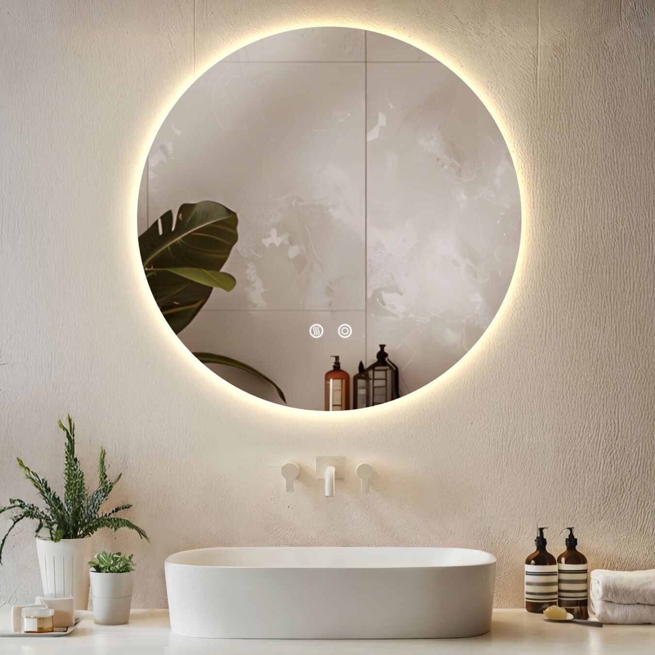 tectake&reg; Runder LED Badezimmerspiegel, rahmenloses Design in 3 Gr&ouml;&szlig;en, Touchbedienung mit Memoryfunktion, inklusive Spiegelheizung 
