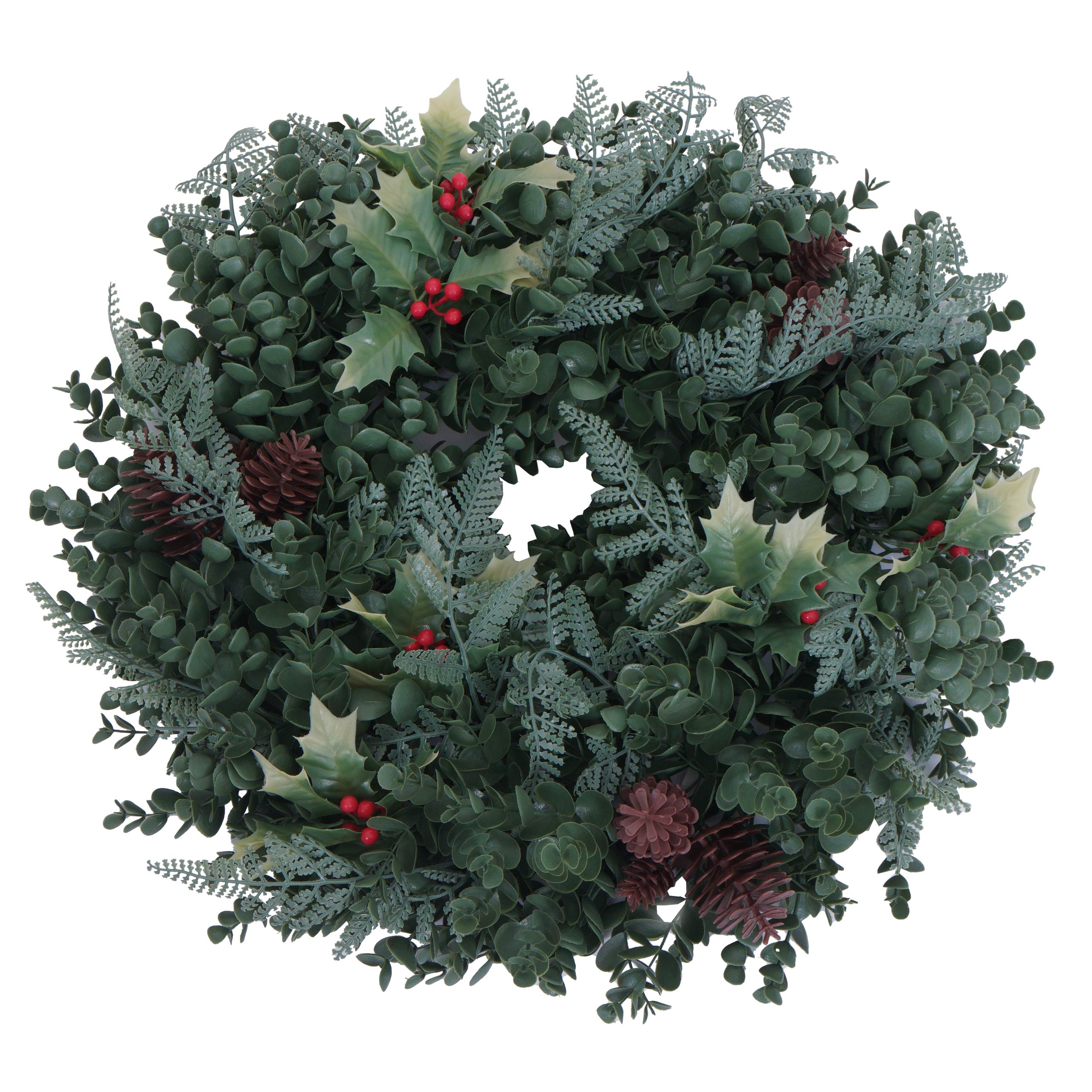 K&uuml;nstlicher Kranz MCW-O98, T&uuml;rkranz Tischkranz, Deko k&uuml;nstlich &Oslash; 45cm ~ gr&uuml;n mit roten Beeren 