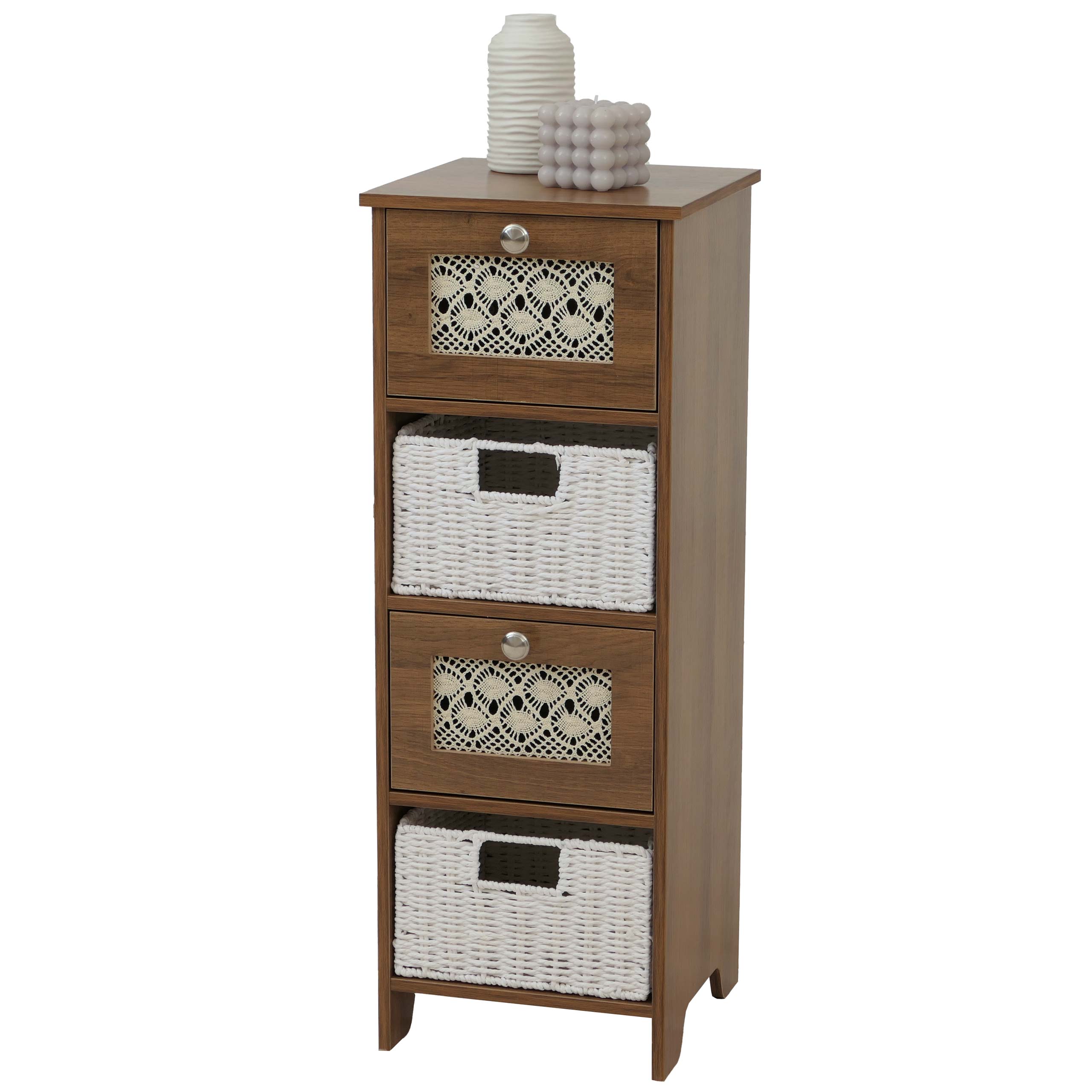 Kommode MCW-O75, Schubladenschrank, 4 Schubf&auml;cher Korbschubladen Holz Melamin 2x30x30cm ~ braun 