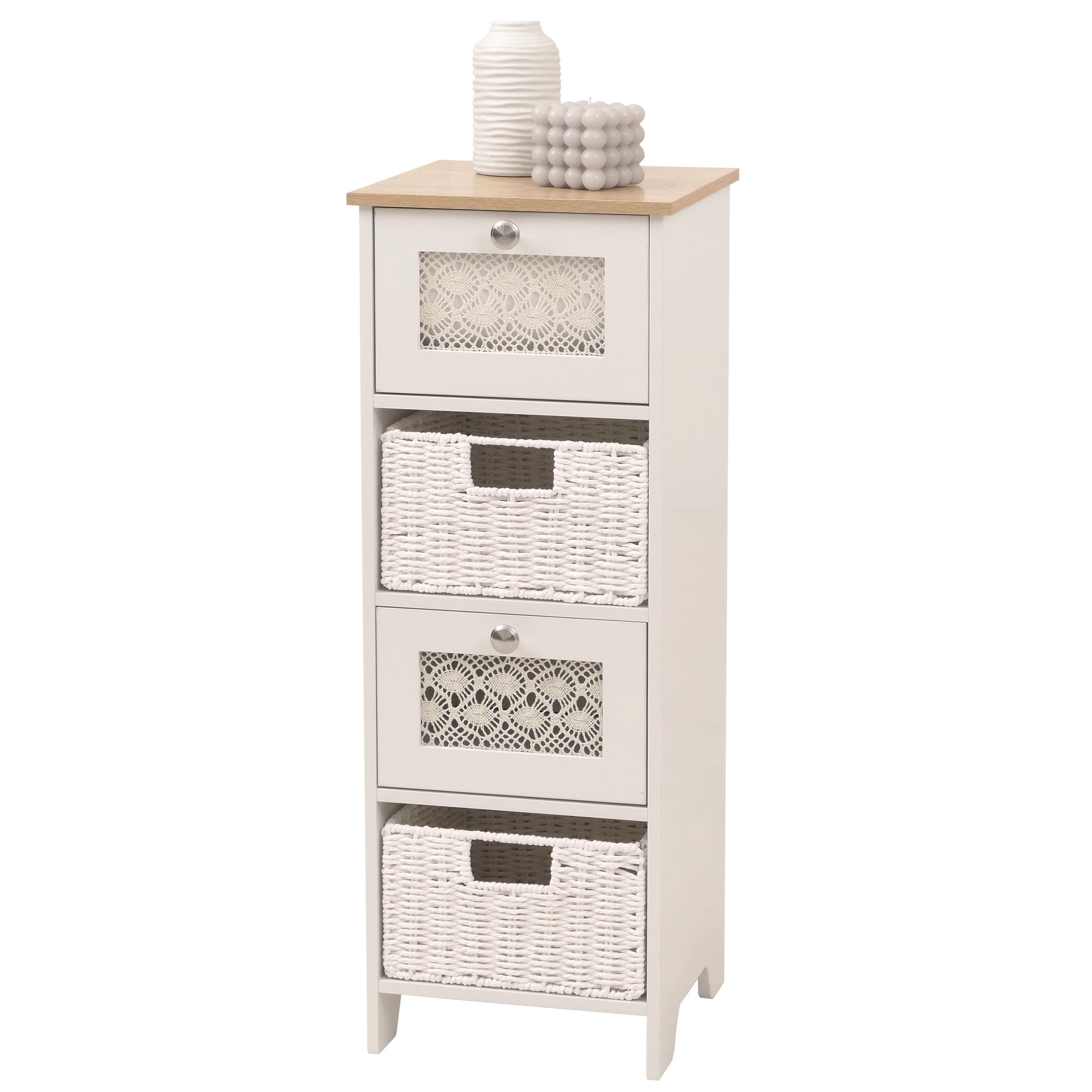 Kommode MCW-O75, Schubladenschrank, 4 Schubf&auml;cher Korbschubladen Holz Melamin 82x30x30cm ~ natur-wei&szlig; 