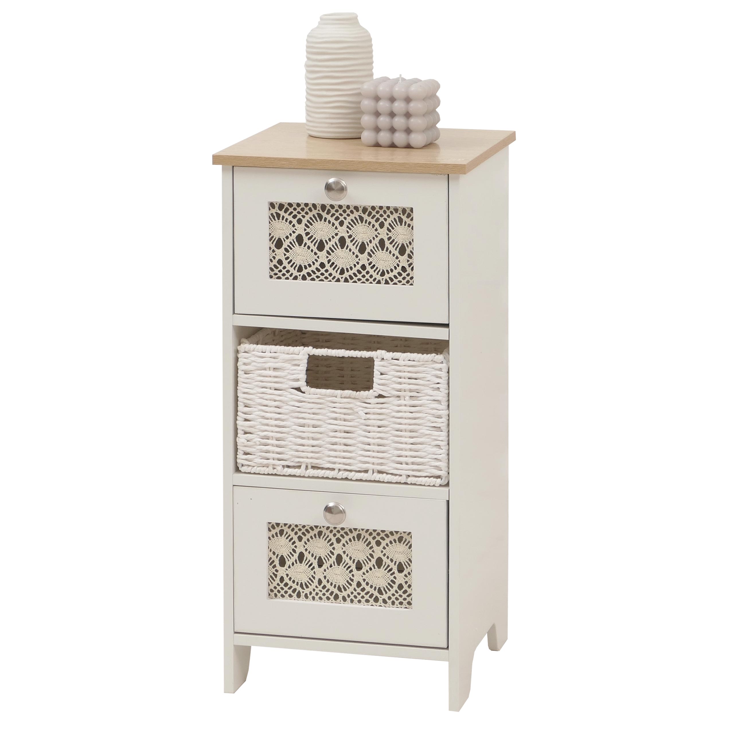 Kommode MCW-O75, Schubladenschrank, 3 Schubf&auml;cher Korbschubladen Holz Melamin 63x30x30cm ~ natur-wei&szlig; 