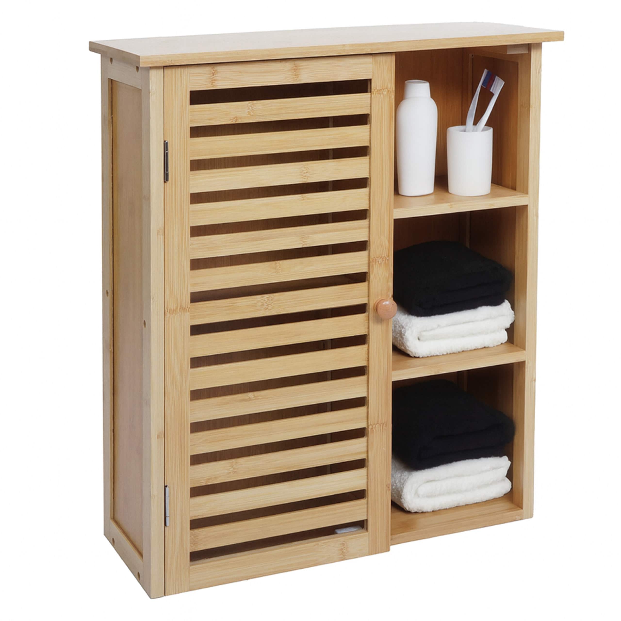 H&auml;ngeschrank MCW-O73, Badschrank Badezimmerschrank, T&uuml;re Stauf&auml;cher Bambus 60x50x19cm 