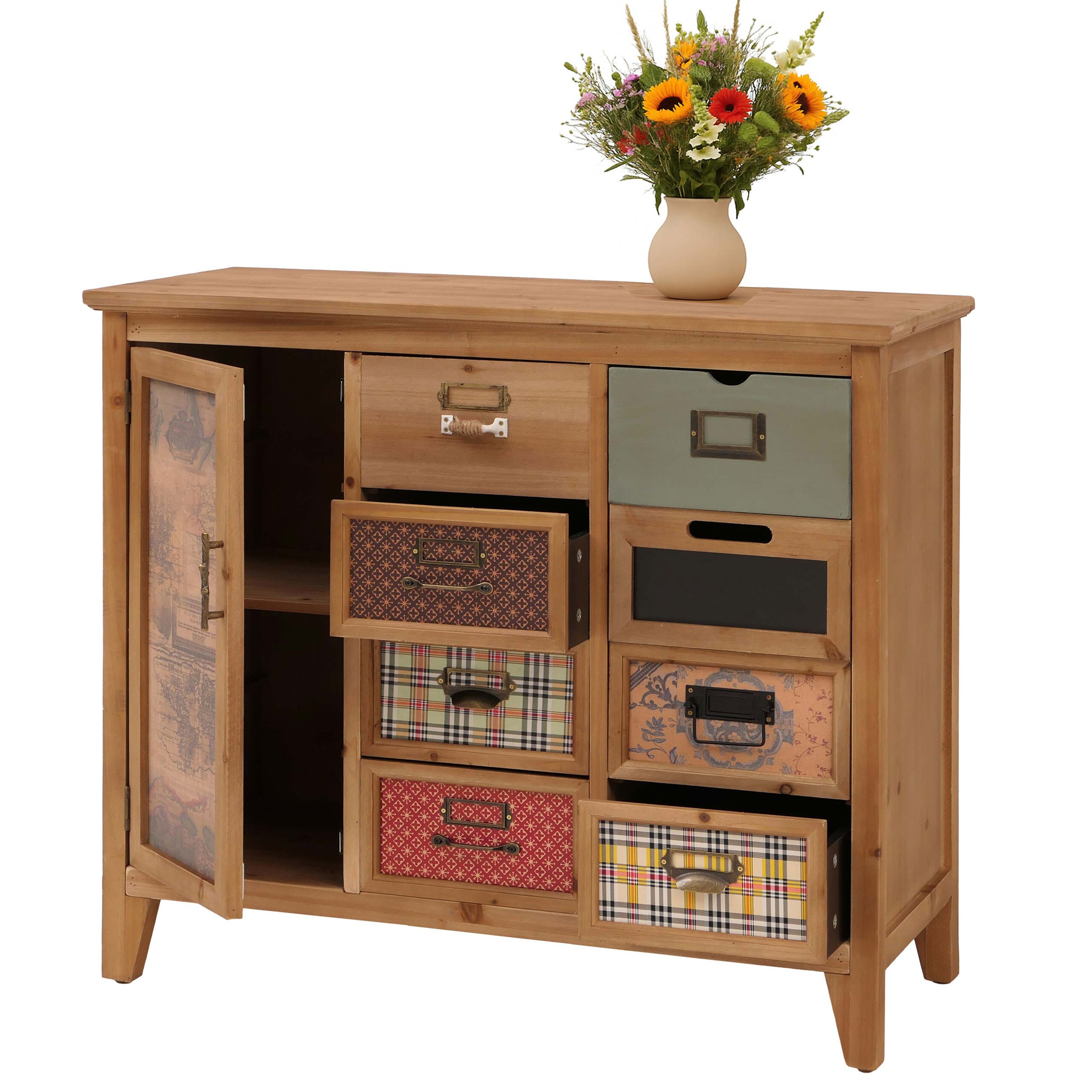 Apothekerkommode MCW-O63, Schrank Schubladen Etikettenhalter Vintage Shabby Muster, Holz 80x91x40cm ~ Korpus Natur 