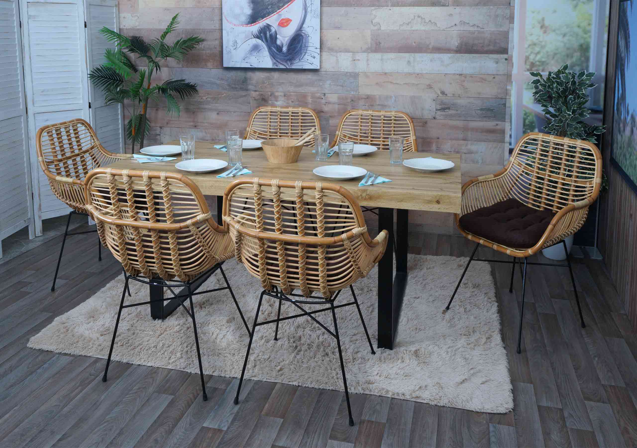 6er-Set Esszimmerstuhl MCW-P17, K&uuml;chenstuhl Korbstuhl Rattansessel Rattanstuhl Stuhl, Kubu Rattan Metall ~ Polster braun 