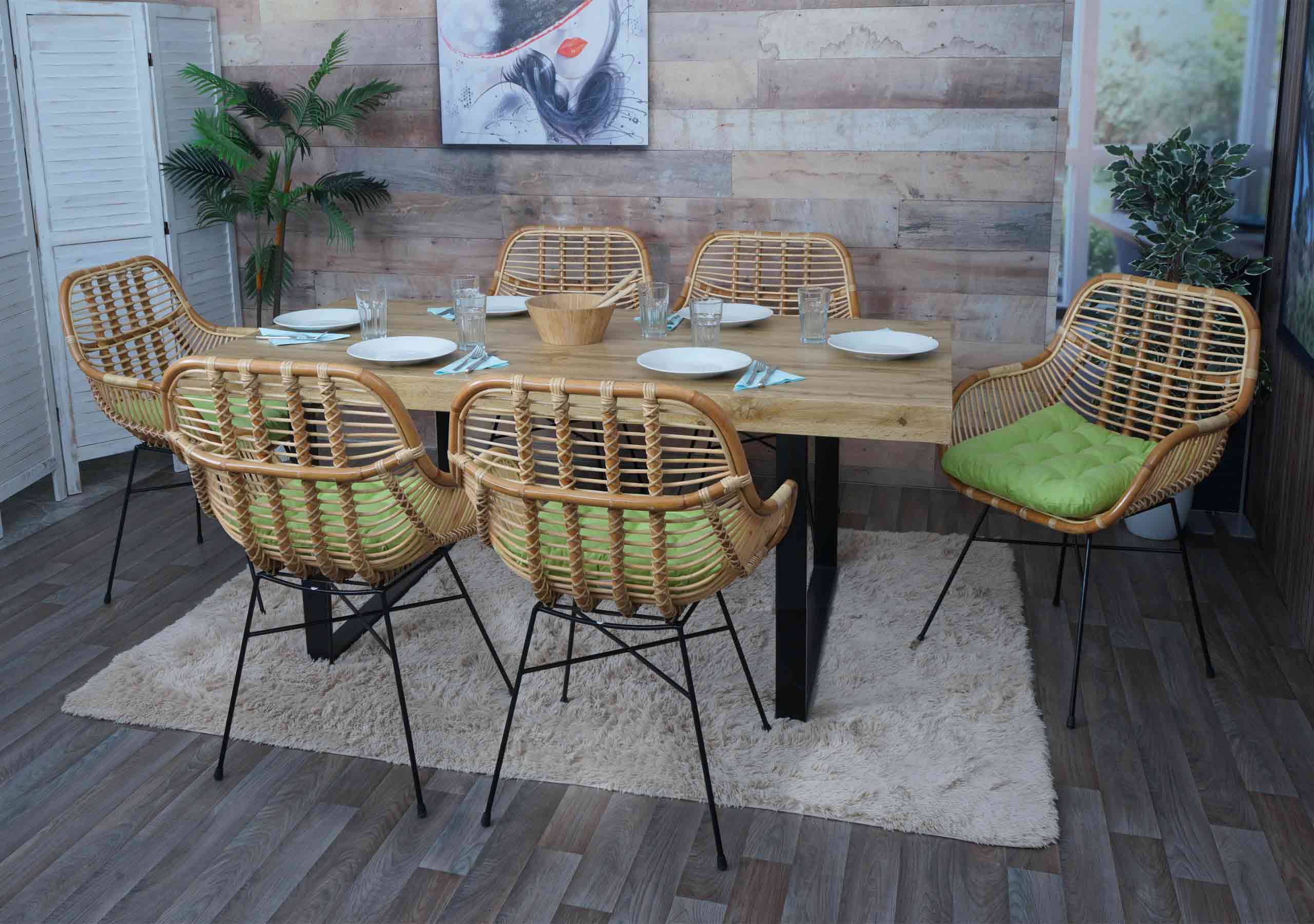 6er-Set Esszimmerstuhl MCW-P17, K&uuml;chenstuhl Korbstuhl Rattansessel Rattanstuhl Stuhl, Kubu Rattan Metall ~ Polster gr&uuml;n 