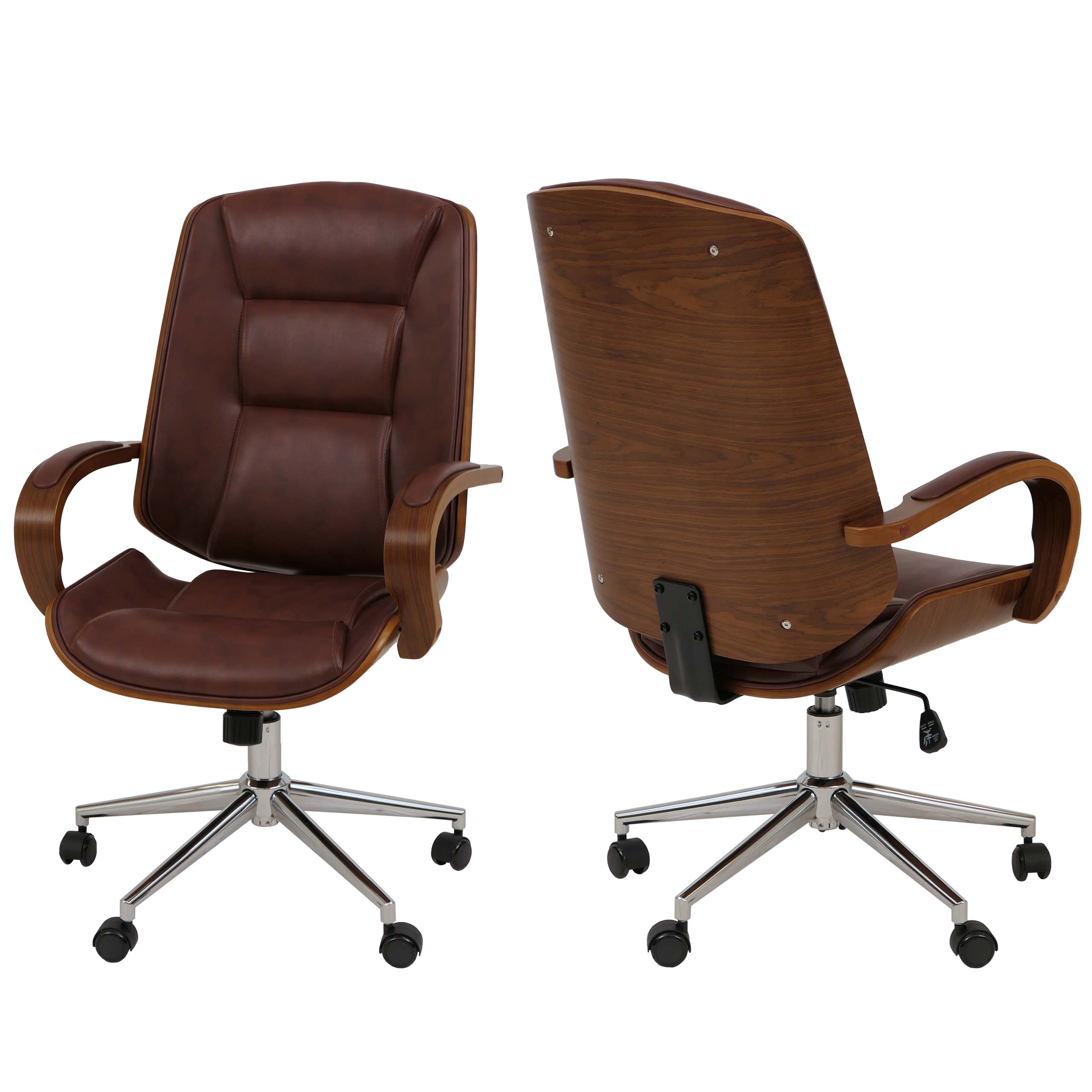 B&uuml;rostuhl MCW-O83, Drehstuhl Chefsessel , Kunstleder (280g/m&sup2;) Bugholz MVG-zertifiziert Walnuss-Optik ~ rotbraun 