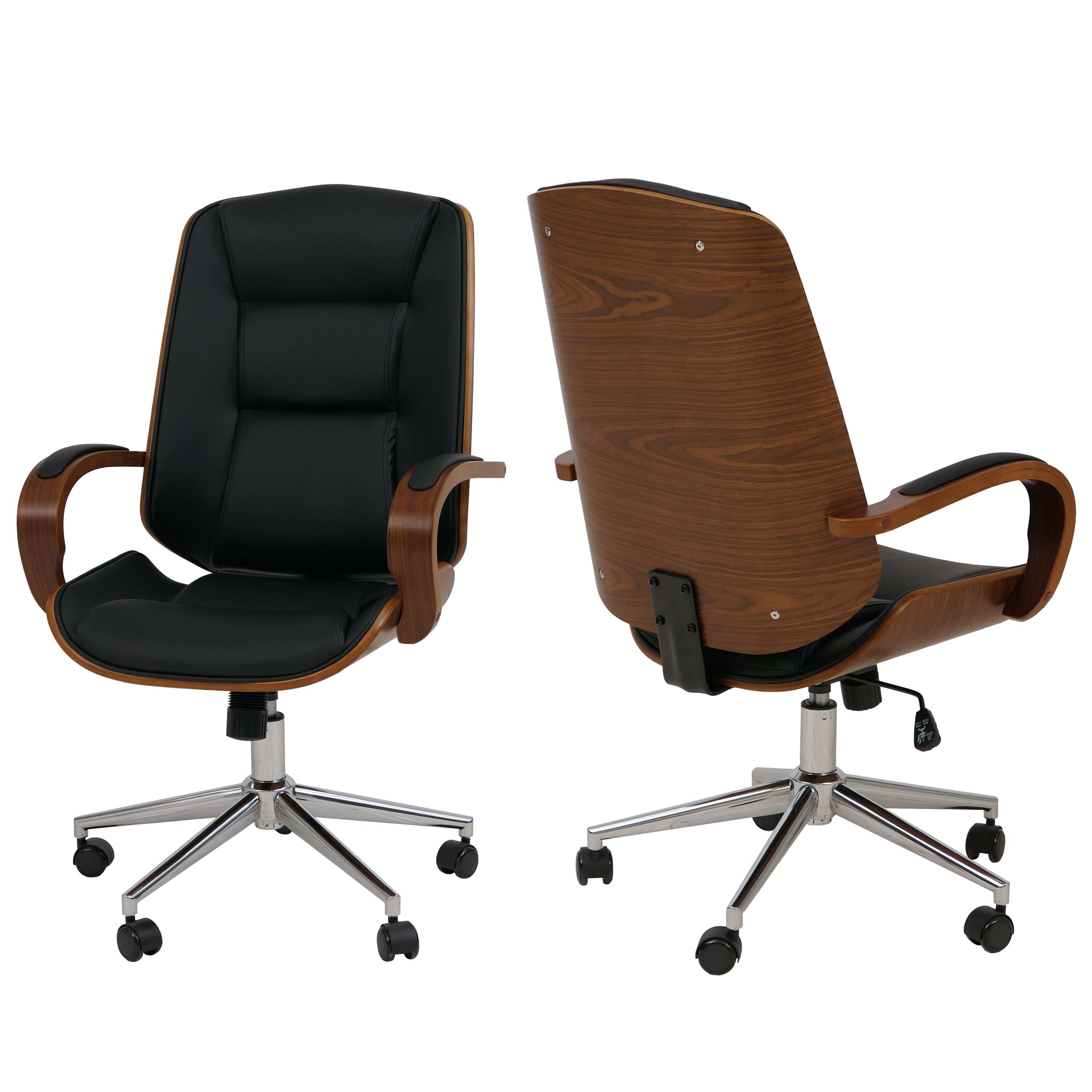 B&uuml;rostuhl MCW-O83, Drehstuhl Chefsessel , Kunstleder (280g/m&sup2;) Bugholz MVG-zertifiziert Walnuss-Optik ~ schwarz 