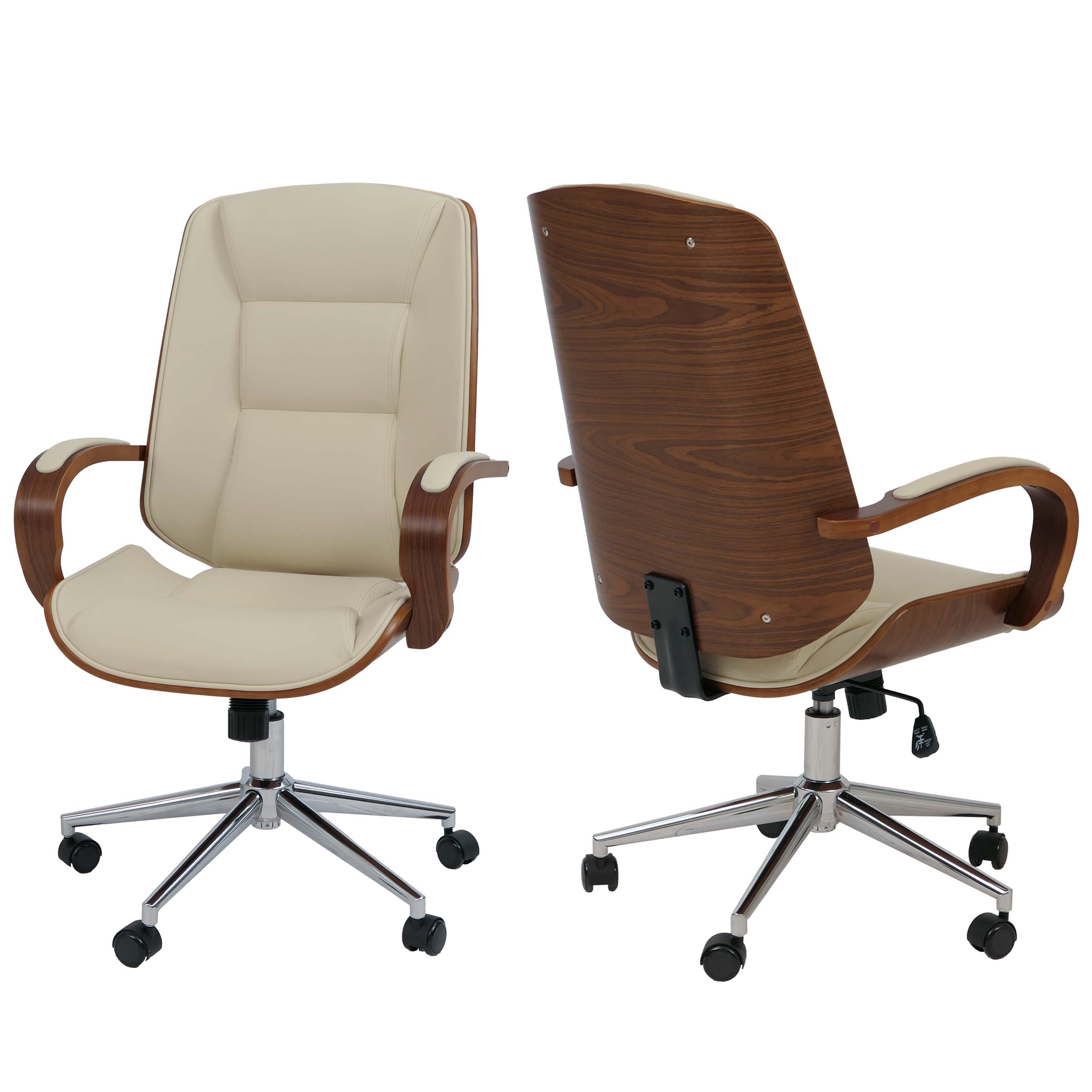 B&uuml;rostuhl MCW-O83, Drehstuhl Chefsessel , Kunstleder (280g/m&sup2;) Bugholz MVG-zertifiziert Walnuss-Optik ~ creme 