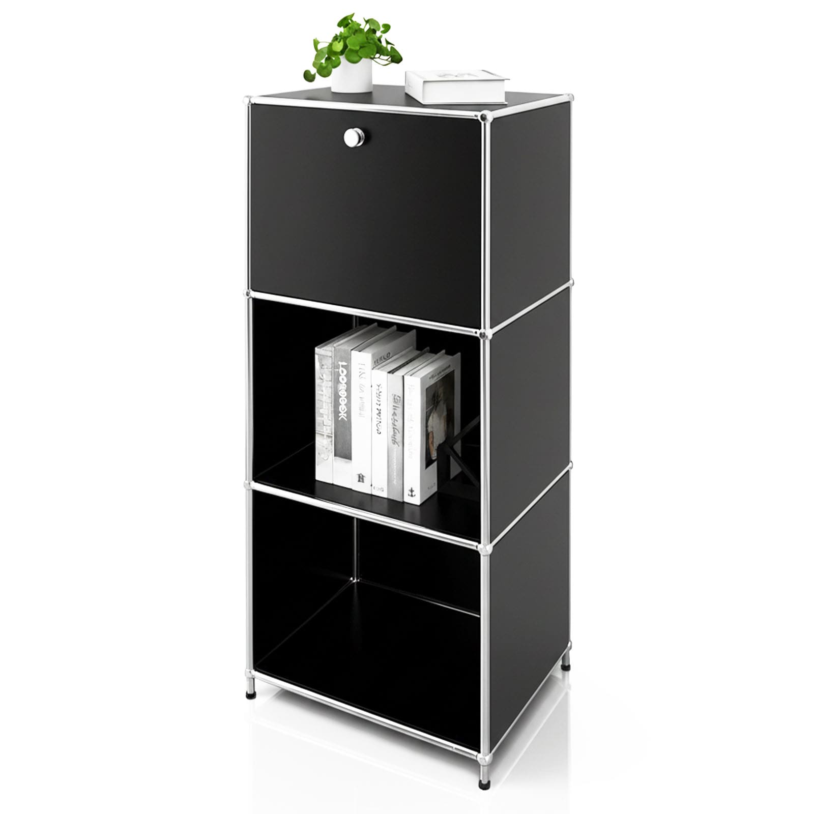 Floordirekt Metallregal | Concept Epure MK-107 | 4-st&ouml;ckiges Aufbewahrungsregal mit verschlie&szlig;barem Fach & Ablagen 