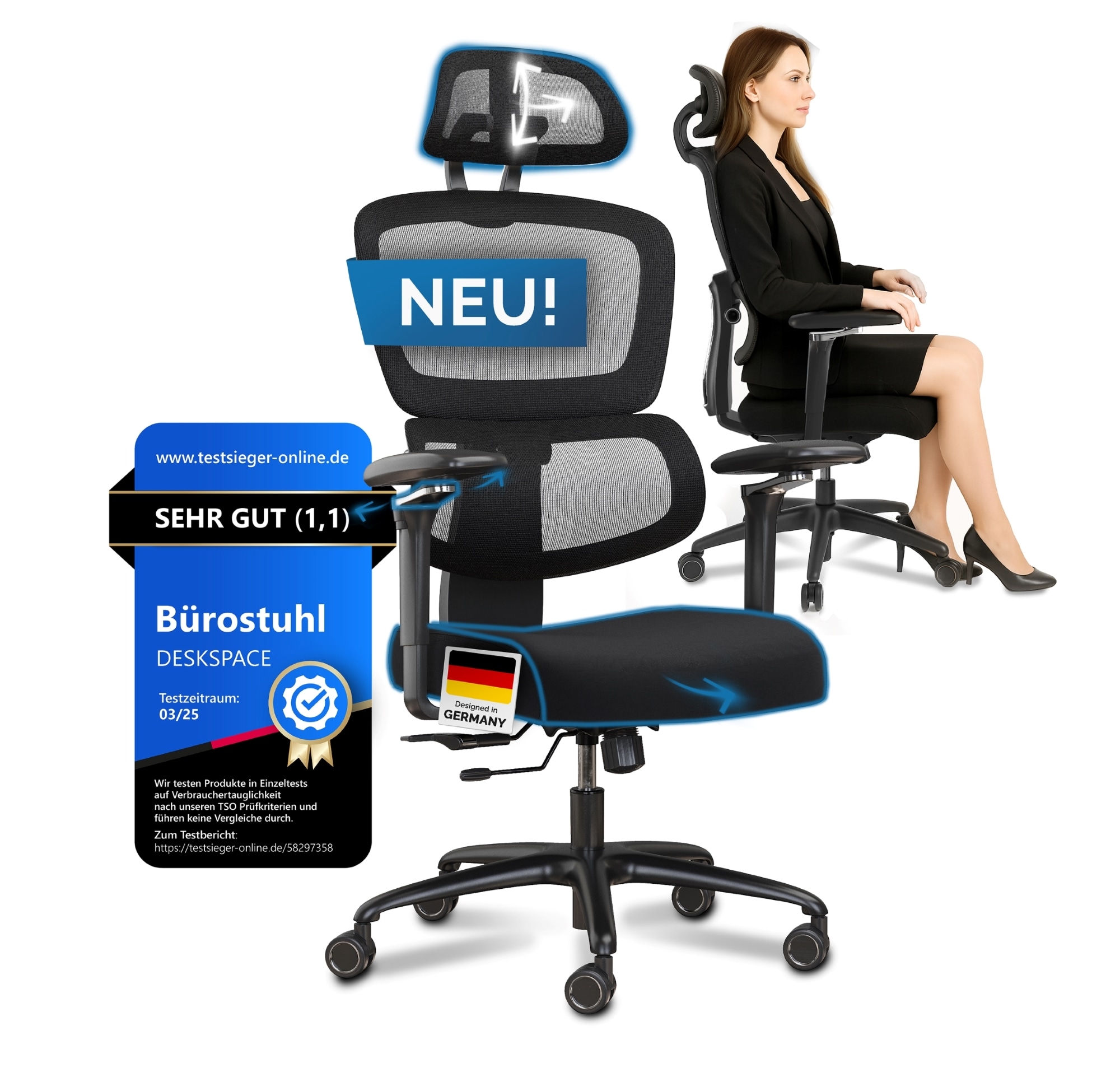 DESKSPACE Move Pro B&uuml;rostuhl - 3-stufiger 150 kg, Schwarz 