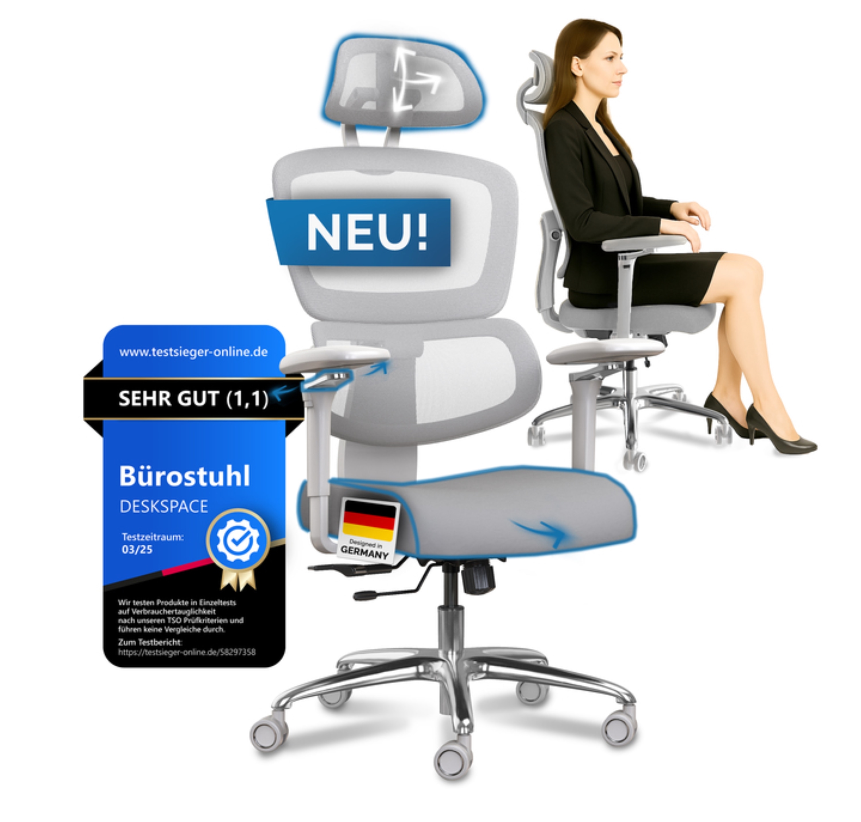 DESKSPACE Move Pro B&uuml;rostuhl - 3-stufiger 150 kg, Grau 