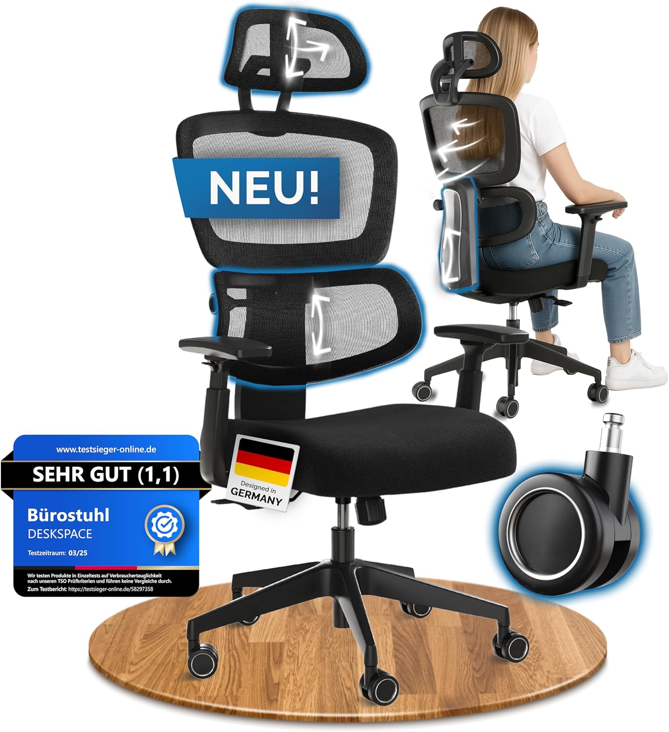 DESKSPACE Move Ergonomischer B&uuml;rostuhl - 150 kg, Schwarz 