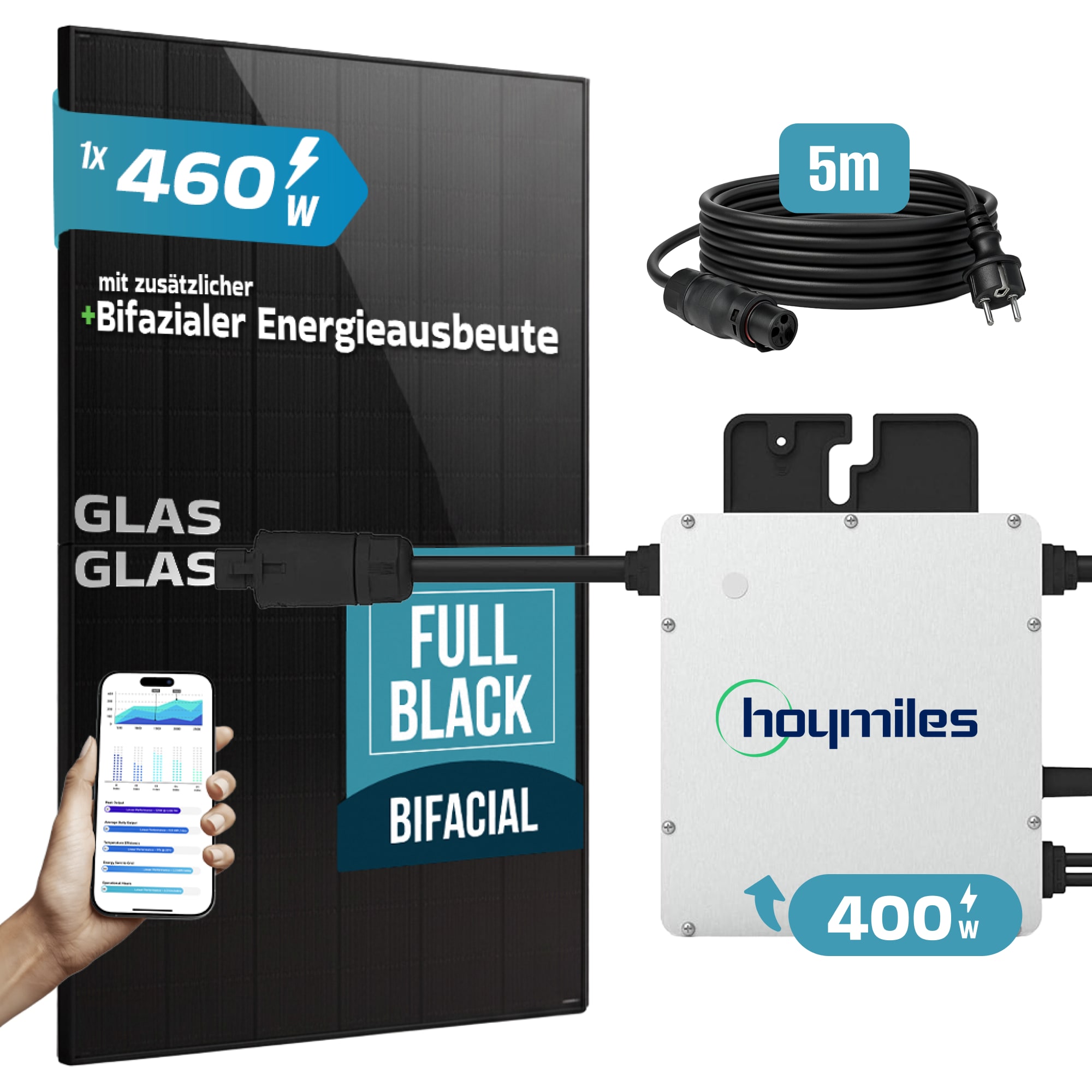 SUNNIVA&reg; 460W Balkonkraftwerk BIFAZIAL FULLBLACK komplett Steckdose HOYMILES 400 Watt Wechselrichter, PV Solaranlage Komplettset, 1x 460W N-Type Glas-Glas Bifacial Solarmodule, 5m Kabel 