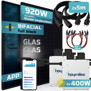 SUNNIVA® 920W Balkonkraftwerk BIFAZIAL FULLBLACK komplett Steckdose HOYMILES 2x 400 Watt Wechselrichter, PV Solaranlage Komplettset, 2x 460W N-Type Glas-Glas Bifacial Solarmodule, 2x 5m Kabel 