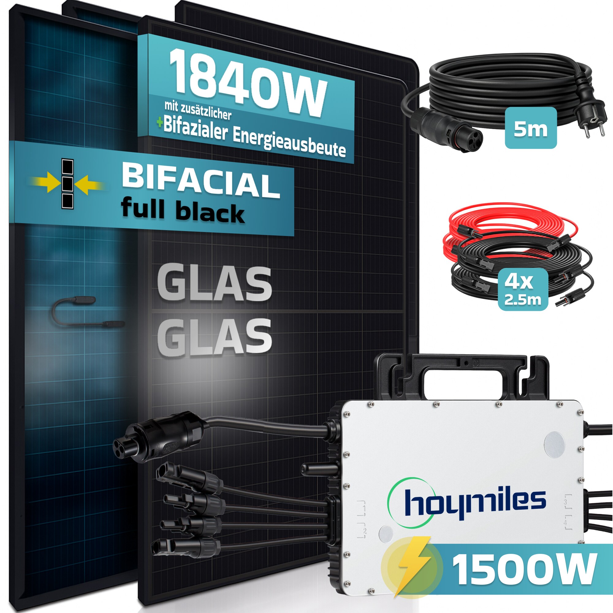 SUNNIVA&reg; 1840W Balkonkraftwerk BIFAZIAL FULLBLACK komplett Steckdose HOYMILES 1500 Watt Wechselrichter, PV Solaranlage Komplettset, 4x 460W N-Type Glas-Glas Bifacial Solarmodule, 5m Kabel 