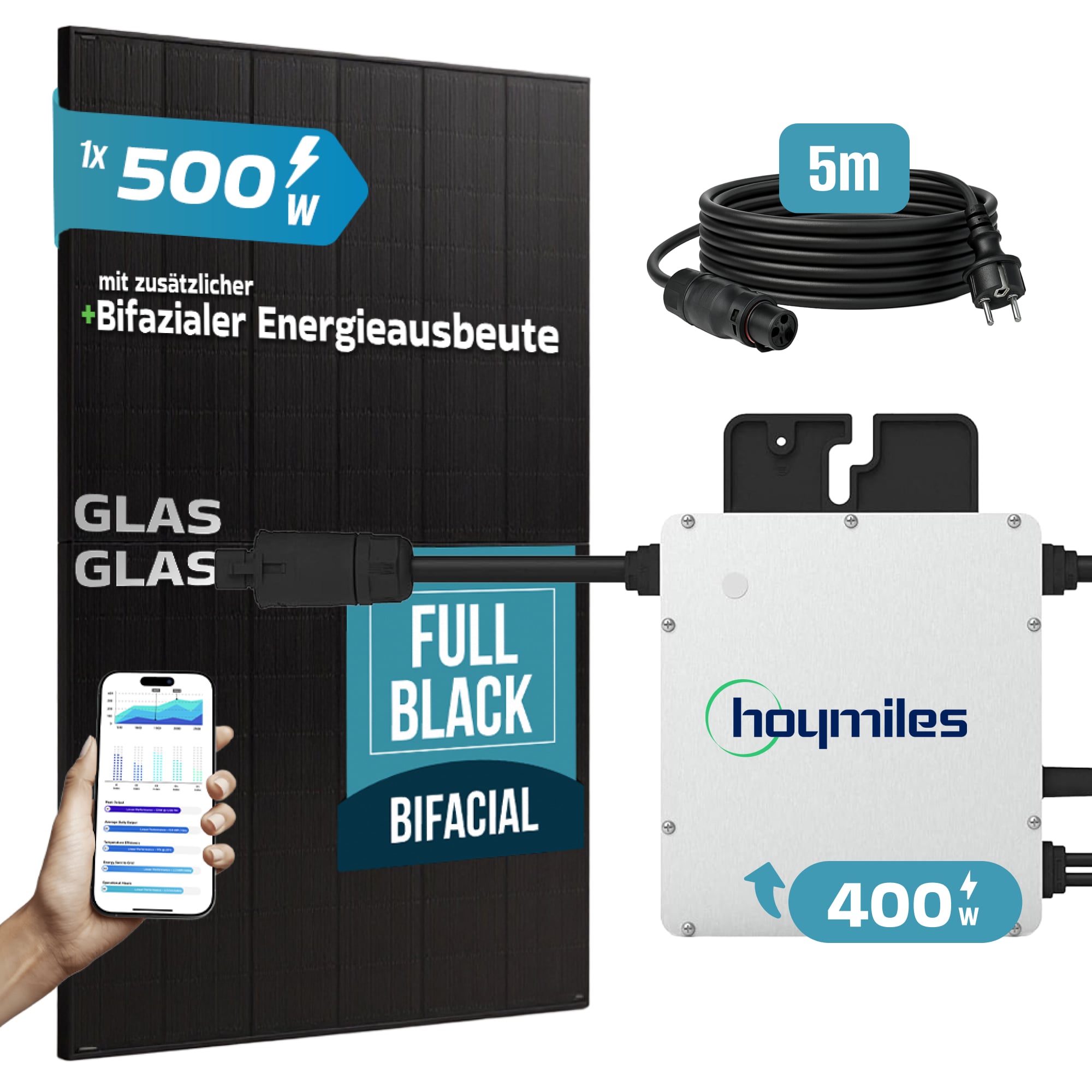 SUNNIVA&reg; 500W Balkonkraftwerk BIFAZIAL FULLBLACK komplett Steckdose HOYMILES 400 Watt Wechselrichter, PV Solaranlage Komplettset, 1x 500W N-Type Glas-Glas Bifacial Solarmodule, 5m Kabel 